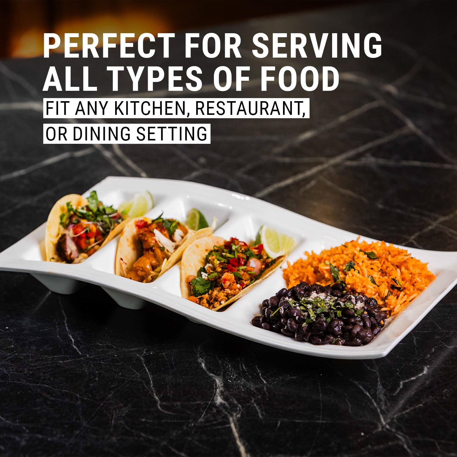 GUYTRENDz Stackable Taco Serving Plate with Dividers, Stylish China Taco Holder with 3 Slots & 1 Flat Section, Durable, Scratch-Resistant Dinner Dish for Tacos, Sushi, Appetizer, & More, Set of 2