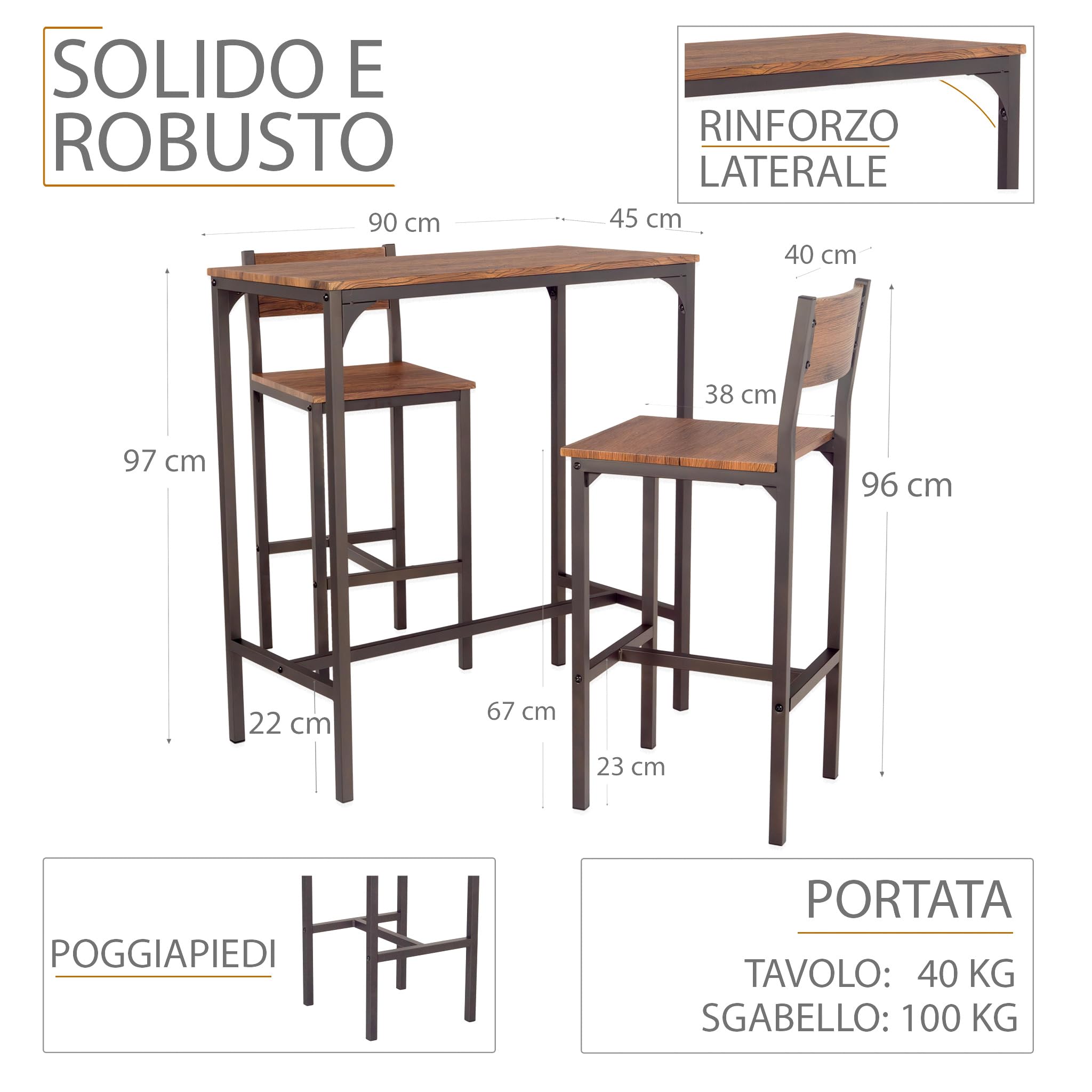 YELLOO Mod. Venice Set Mesa de Bar y 4 taburetes Color Marron Design Sillas