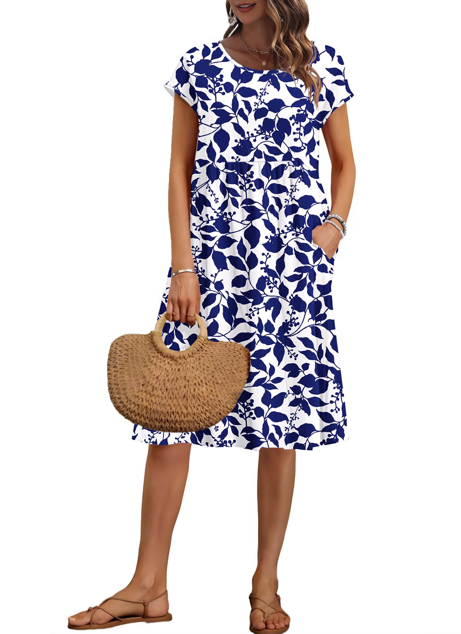Auselily Women's Navy Blue Leaves Summer Knee Length Dress