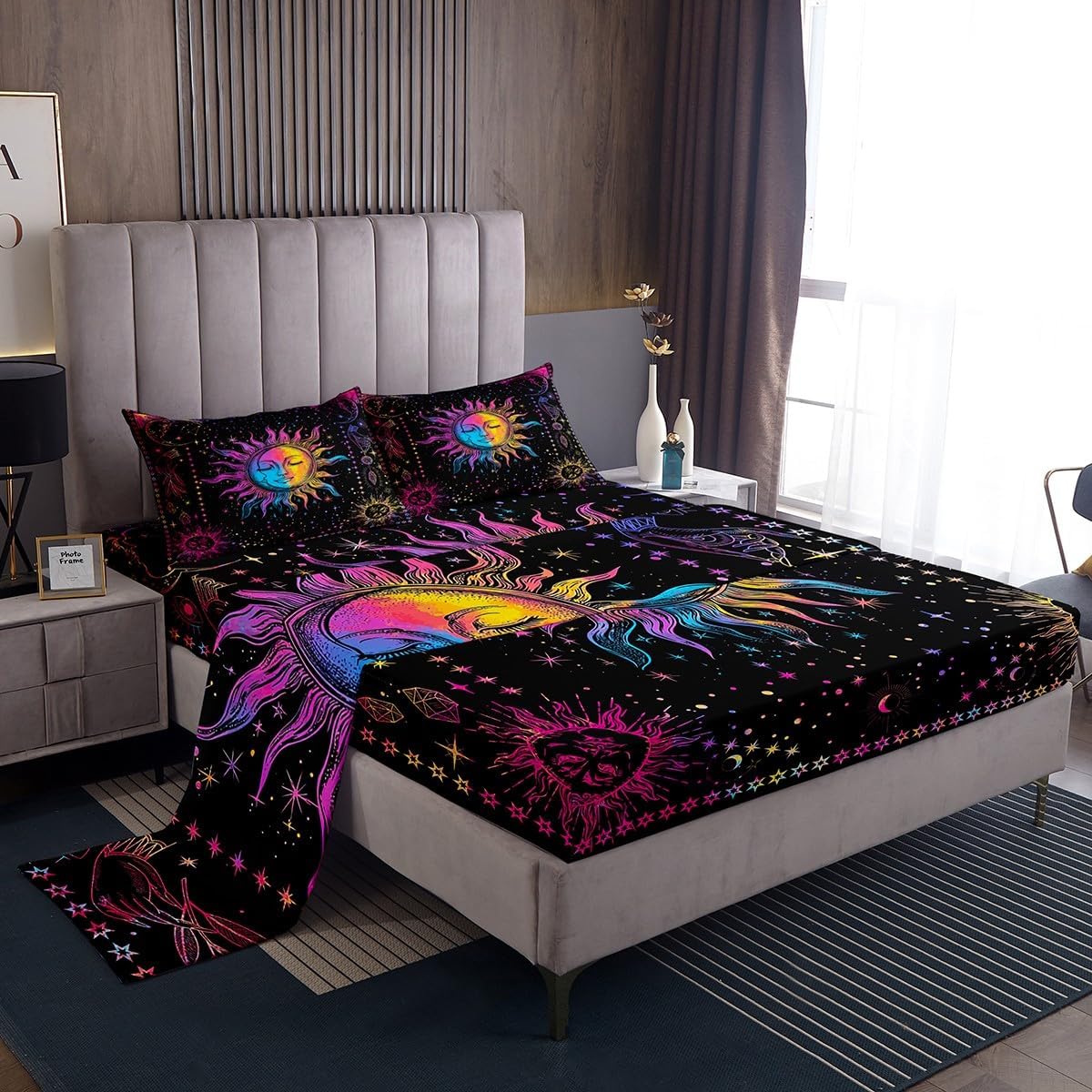 Erosebridal Boho Sun Moon Sheets Queen 4 Piece Rainbow Tie Dye Bed Sheets Colorful Psychedelic Galaxy Sheet Set,Starry Night Decorations Flat Sheet Trippy Celestial Constellation Fitted Sheet