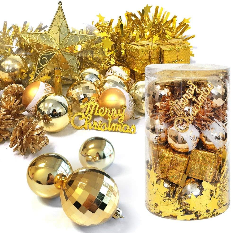 Christmas Assorted Pendant Shatterproof Ball Ornament Set Seasonal Decorations with Reusable Hand-Help Gift Boxes Ideal for Xmas, Holiday and Party(32ct, Gold), gold-2017