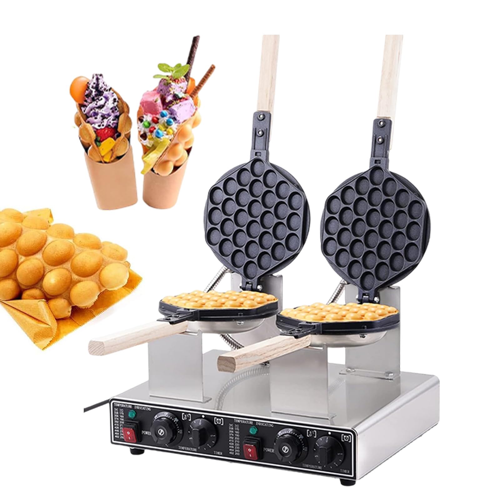 Bubble Waffle Maker, Elektryczna Gofrownica Jajeczna Gofrownica, Gofrownica Jajeczna, Komercyjna, Elektryczna, Nieprzywierająca, Regulacja Temperatury 50–250°C,DoubleHead