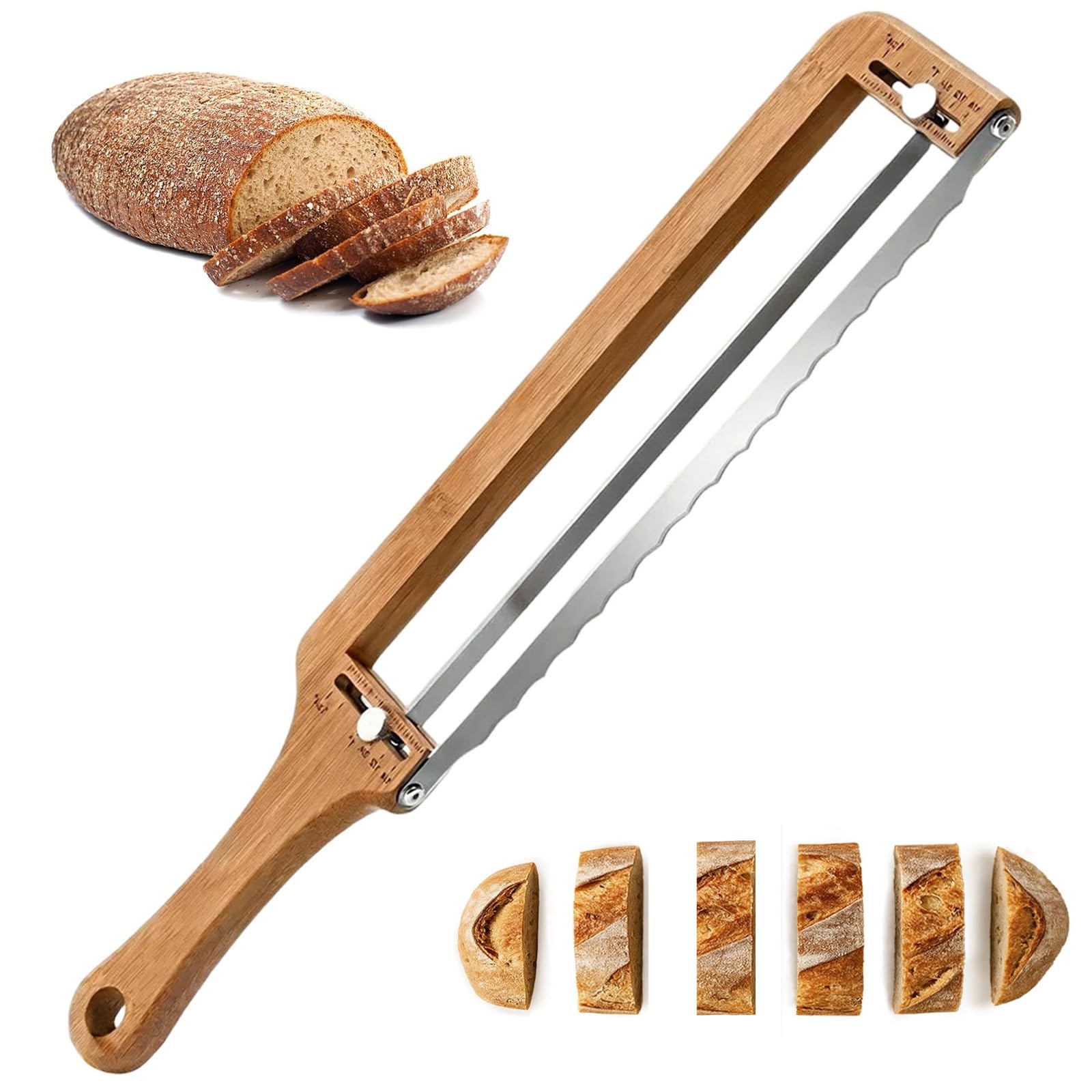 Adjustable Bread Knife with Serrated Stainless Steel Blade, Wooden Bow Design, Precision Thickness Guide for Homemade Sourdough Bread, Gifts for Artisan Bakers, Mothers Day Father's Day Birthday Gifts
