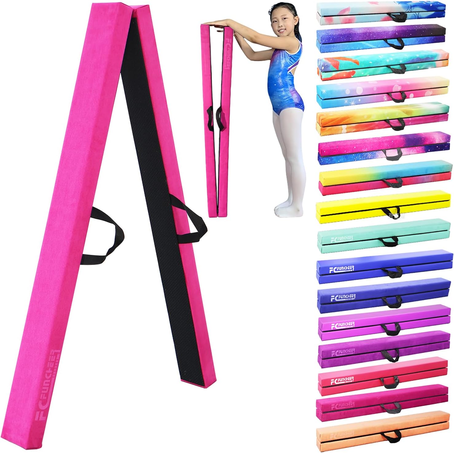 8FT Folding Balance Beam -Gymnastics Floor Beam -Gymnastics Equipment for Kids,Wood core- Anti-Slip Bottom and Carrying Bag for Home Pink suede