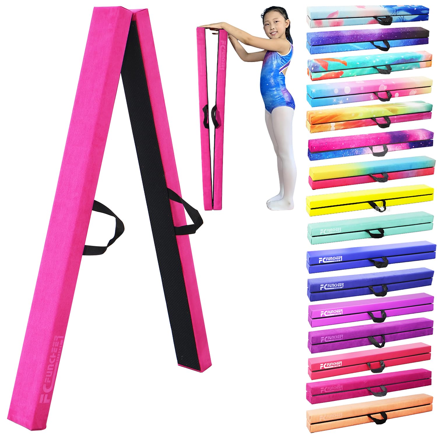 8FT Folding Balance Beam -Gymnastics Floor Beam - Gymnastics Equipment- Anti-Slip Bottom - Suede Cover - Carry Bag for Kids/Adults Home & Gym Center