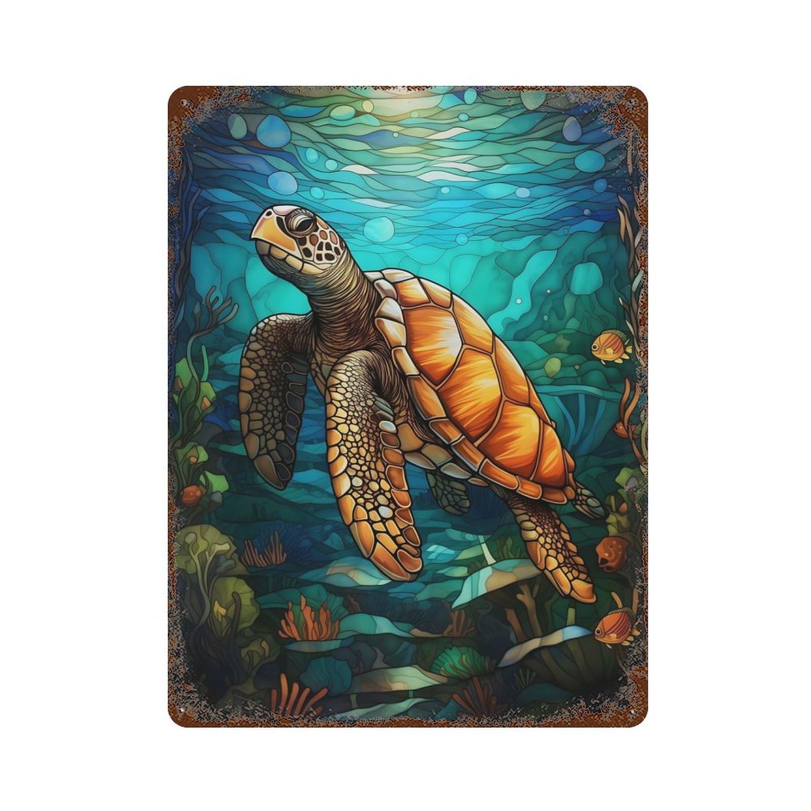 Rust Effect Sea Turtle Stained Glass Distressed Metal Wall Sign 15.7"x11.8", Farmhouse Wall Decor for Office, Studio And Wall Decor