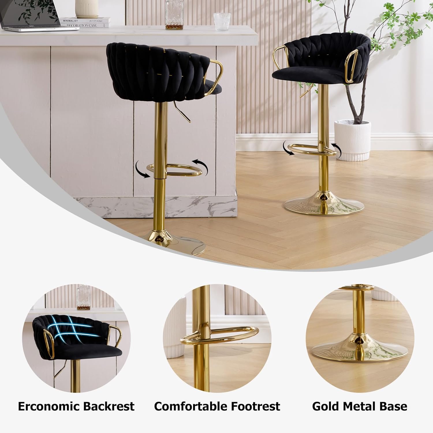 Black Velvet Swivel Barstools Set of 2,Adjustable Bar Height Stools with Weave Backs/Golden Base,Upholstered Modern Counter Height Stools for Kitchen Island/Pub/Dining/Cafe/Restaurants, Black