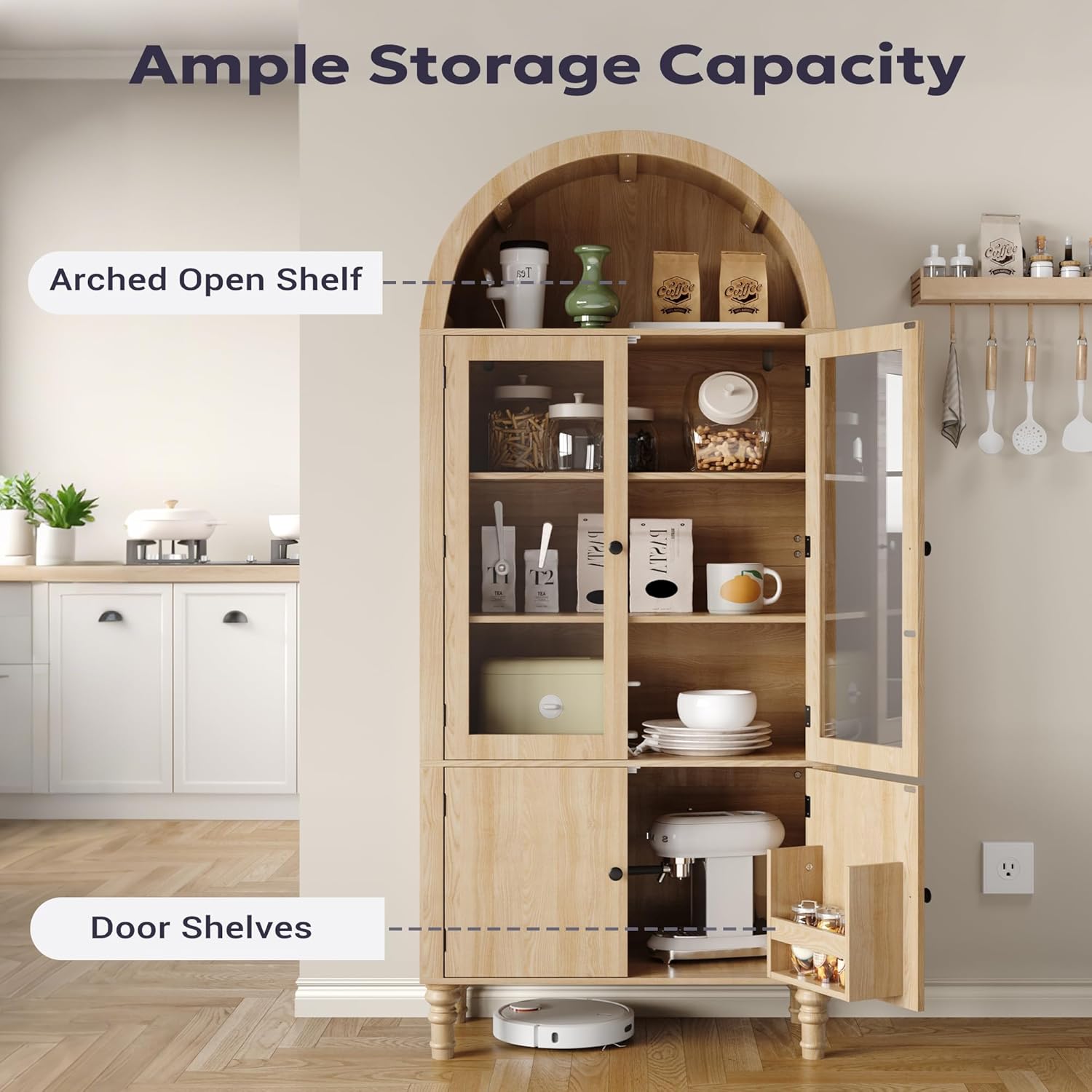 Furnify 71" Tall Arched Pantry Cabinet, Modern Kitchen Storage Cabinet with Doors, 3 Adjustable Shelves, Door Shelves, Organizer, Versatile Cupboard for Kitchen, Bathroom, Natural