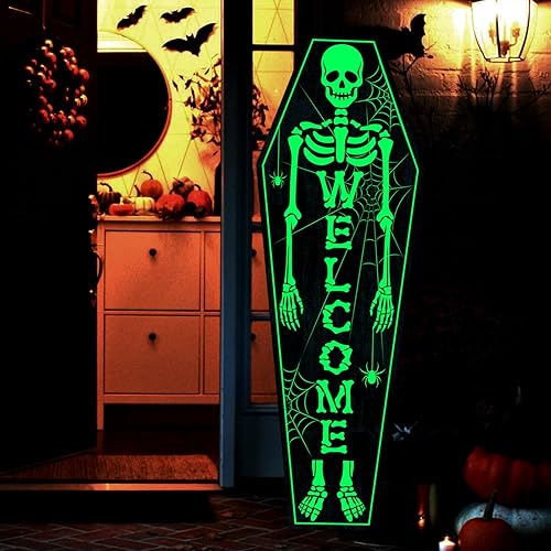 Miniatura 5 de Decoraciones de Halloween para exteriores que brillan en la oscuridad gran esqueleto de ataúd aterrador, letrero de bienvenida para porche delantero
