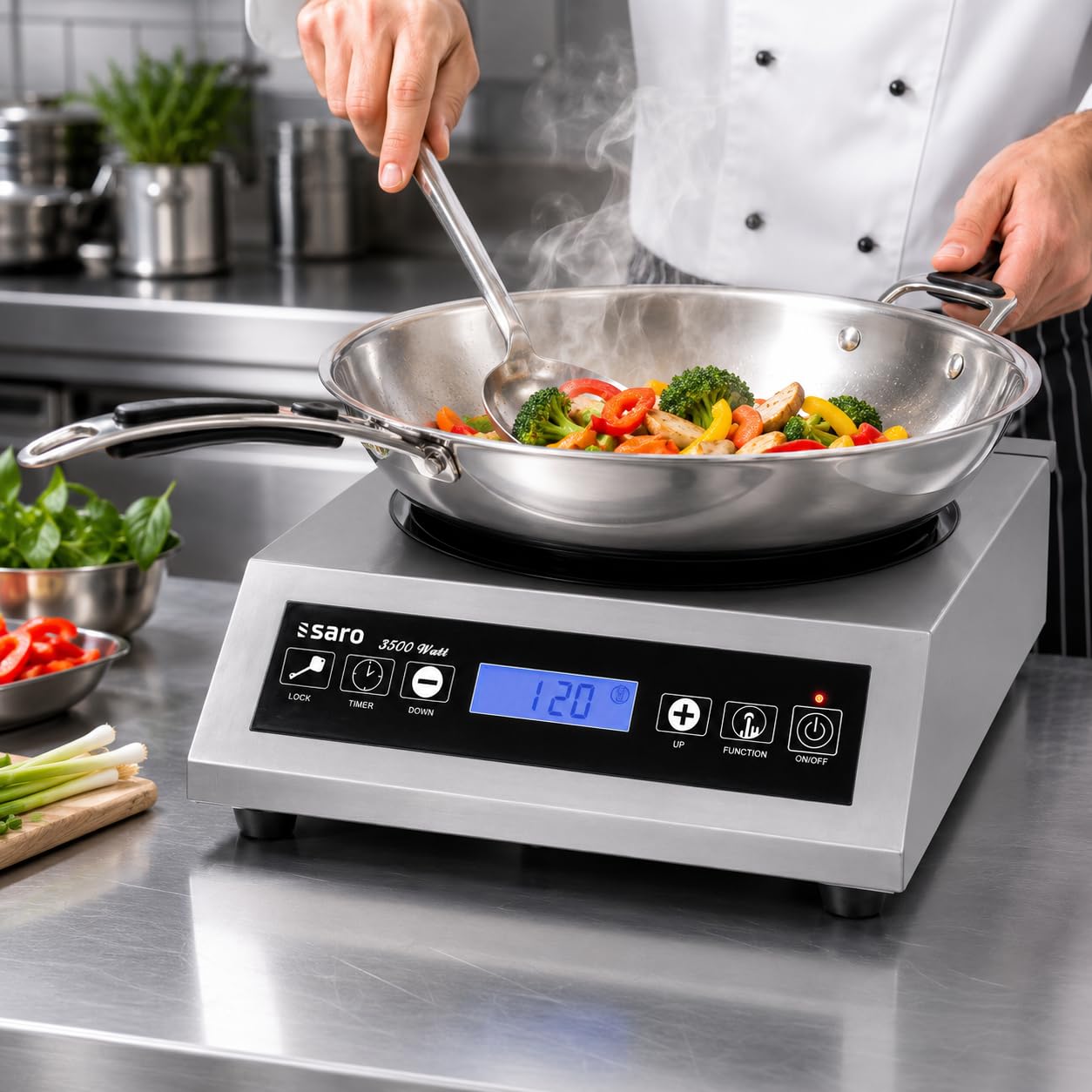 SARO Induktions-Wokkochfeld – Inkl. Wok – 10 Heizstufen – Timer – Edelstahlgehäuse – Temperatur 60–240 °C – 3,5 kW – Modell LOUISA