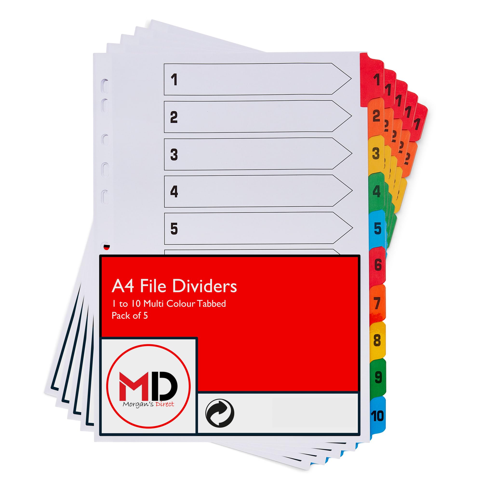 A4 1-10 File Dividers with Coloured Numbered Index Tabs - Multi Hole Punched and Reinforced Subject Divider - Pack of 5 โ image 1