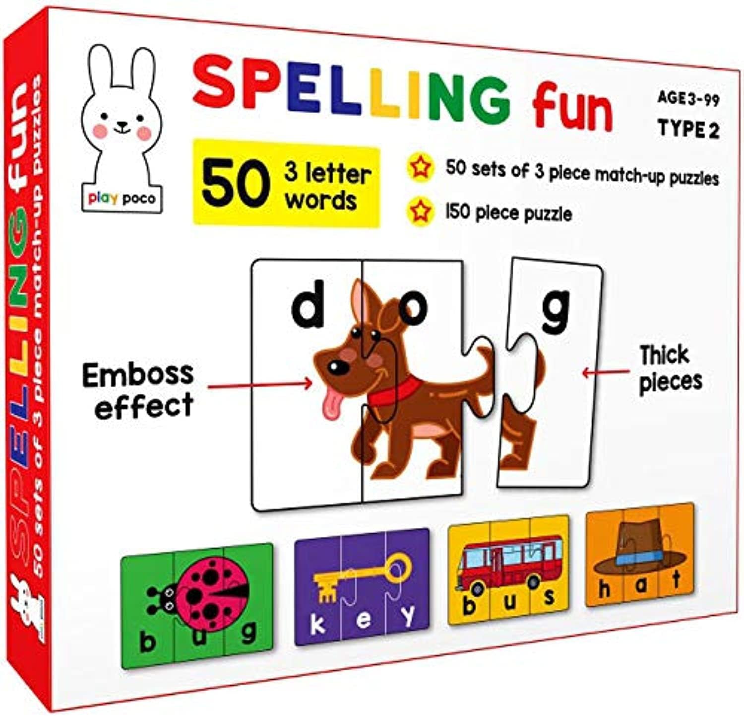 Play Poco Spelling Fun Type 2 - 150 Piece Spelling Puzzle - Learn To Spell 50 Three Letter Words - Beautiful Colorful Pictures (Age 4+)