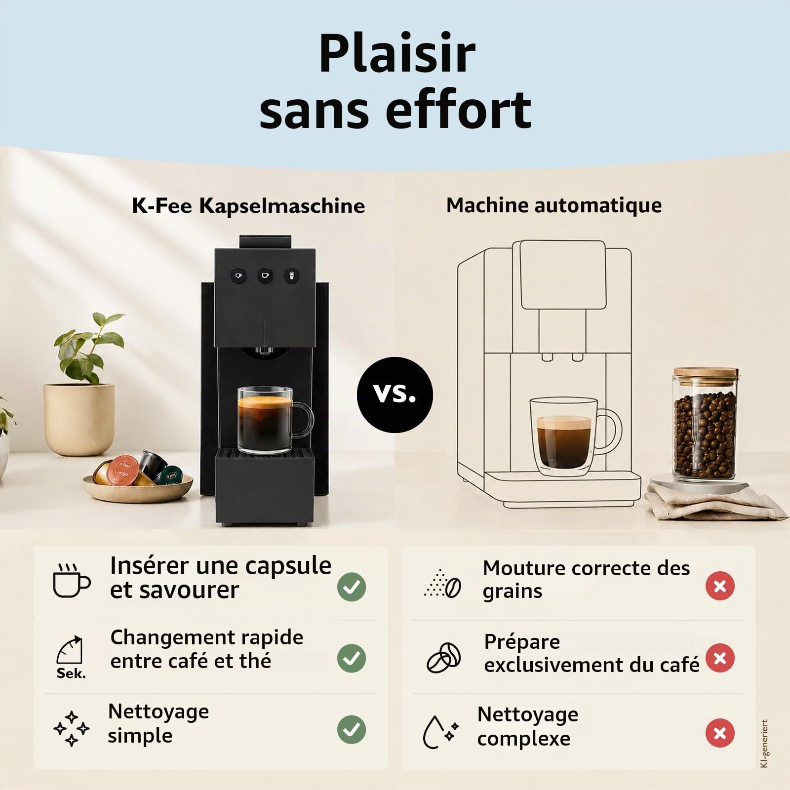 K-fee Square Machine à capsules pour café, thé et cacao | Machine à café compacte | Chauffage rapide | Réservoir d'eau de 0,8 l | 19 bars | Noir piano