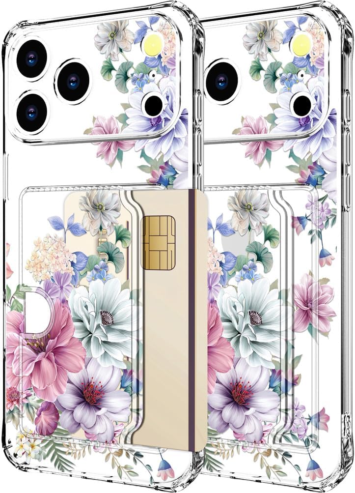 hungo compatible for iphone 17 pro max case wallet with card holder,ultra thin slim cute designer girly skin cases protector with airbag bumper for women girls (clear wonderful dahlias) clear wonderful dahlias iphone 17 pro max