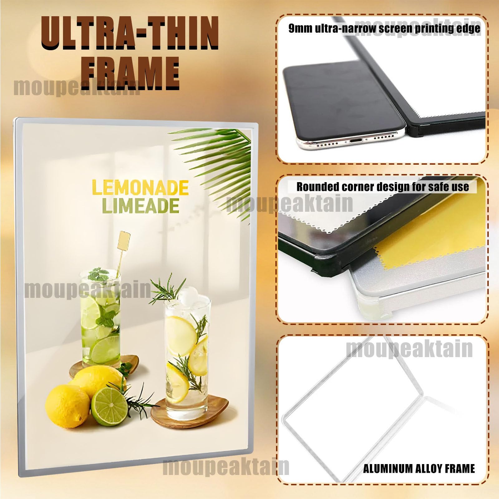 LED Leuchtkasten, Wandmontierter Fotorahmen, Menütafel Aus Aluminium Mit Klapprahmen Und LED-Beleuchtung Aus Gehärtetem Glas, Für Geschäfte, Restaurants Und Bars Black-A2