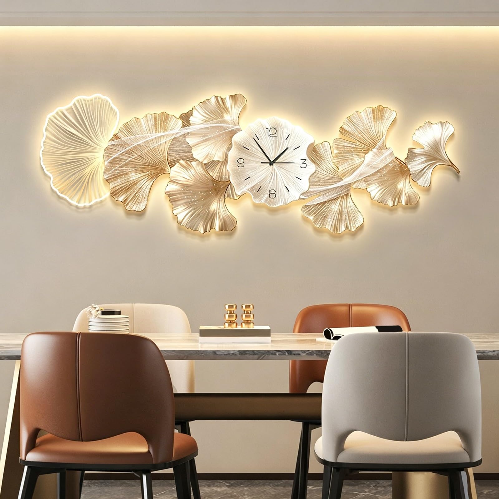 ZCQMSCWW 3D Ginkgo Leaf LED Wall Clock, Silent Non-Ticking Quartz Decor, Modern Dual-Layer Acrylic Art Sculpture with Ambient Light for Living Room Dining Entryway