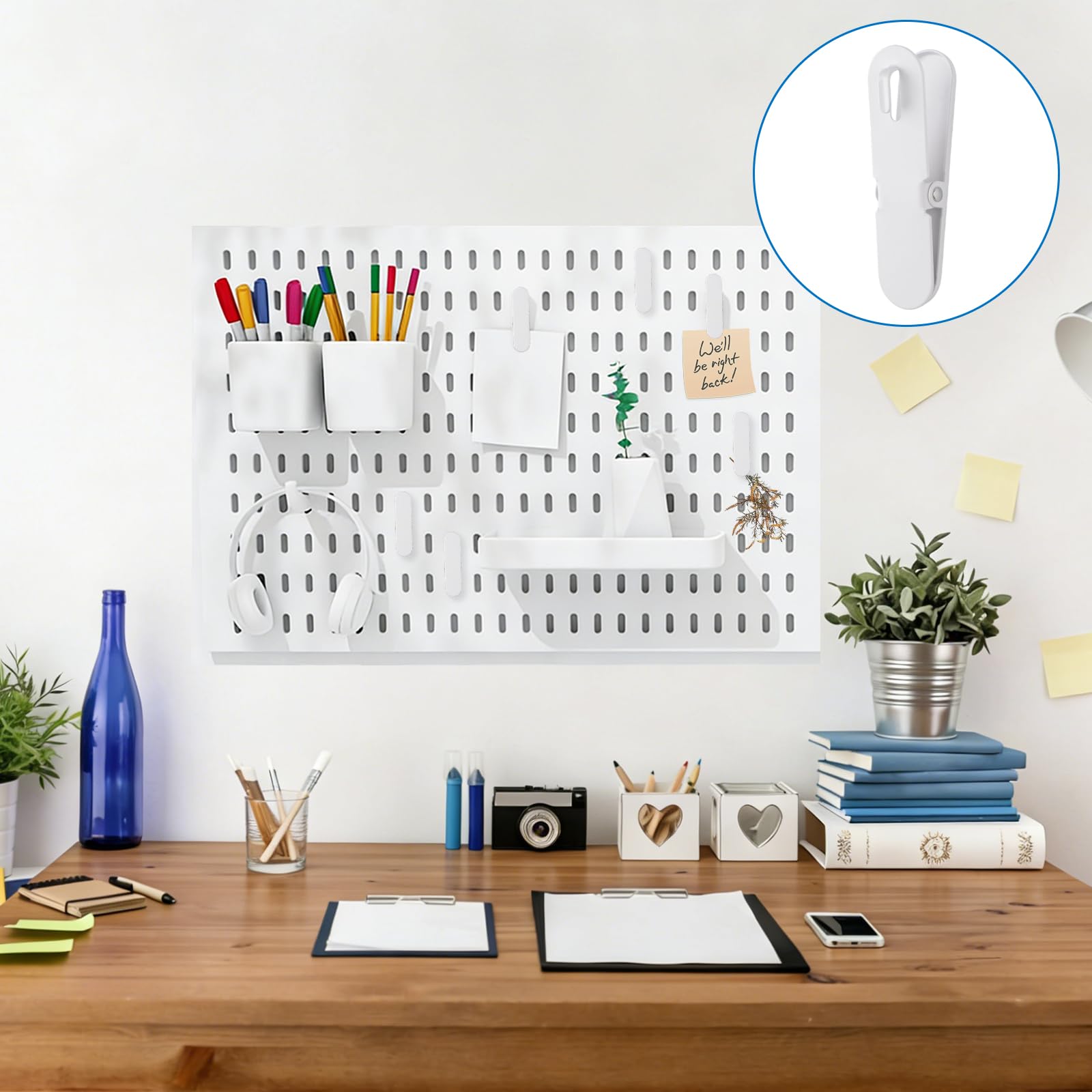 INCREWAY Lot de 10 clips en métal pour tableau perforé - Polyvalents - Pour cuisine, bureau, salle de bain, rangement mural - Crochet métallique multifonction (blanc)