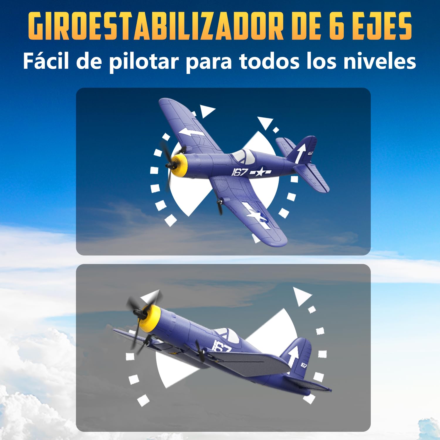 HAWK'S WORK Avion RC 3 Canales F4U Corsair, Control Remoto Warbird Listo para Volar, 2.4GHz Estabilizador Giroscopico de 6 Ejes, Facil de Volar para Niños y Principiantes