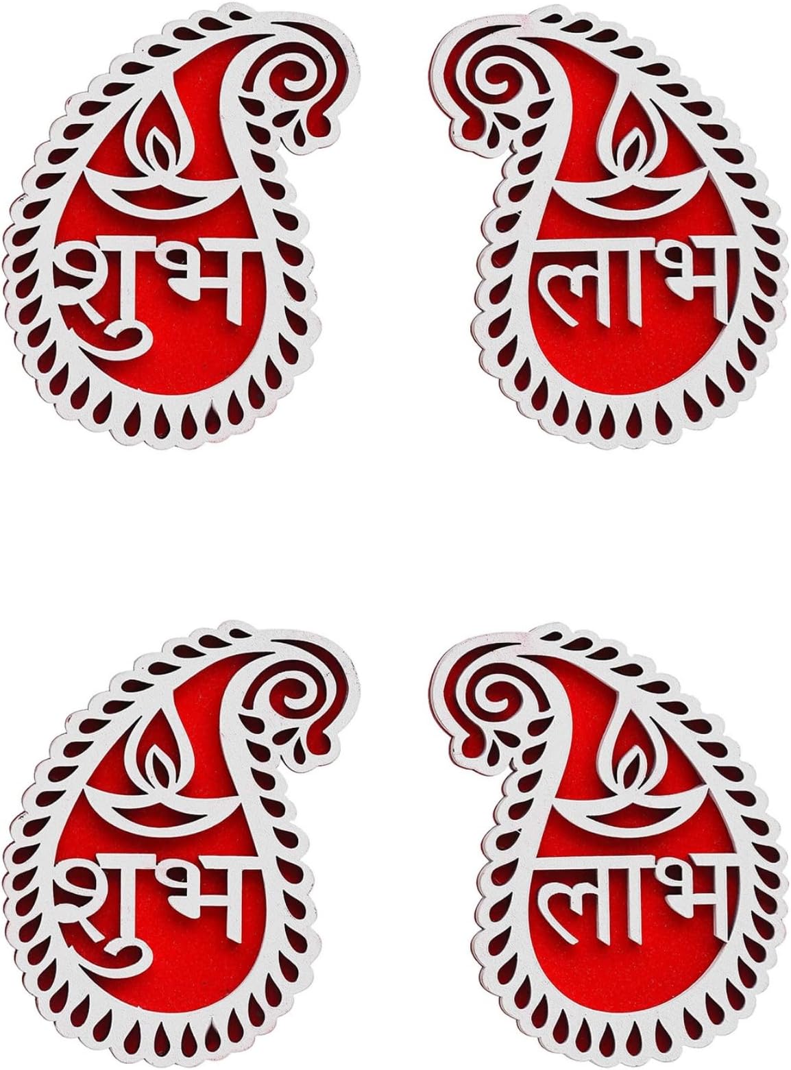 eCraftIndia White & Red Buta or Paisley Shaped Wooden Shubh Labh with Diya Decorative Showpieces for Diwali Navratri Ganesh Chaturthi Festival Decor - Diwali Decoration Items for Home Decor (Set of 2)