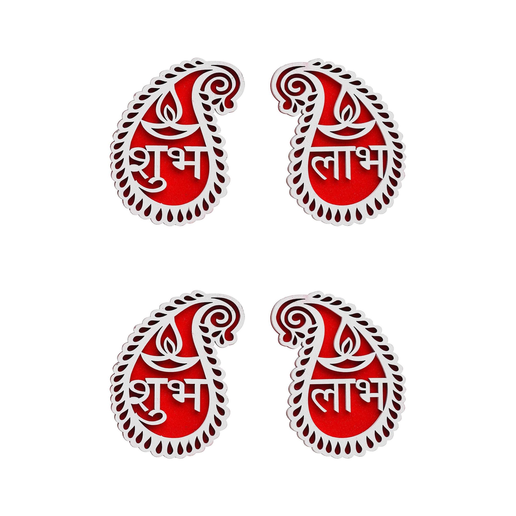 eCraftIndia White & Red Buta or Paisley Shaped Wooden Shubh Labh with Diya Decorative Showpieces for Diwali Navratri Ganesh Chaturthi Festival Decor - Diwali Decoration Items for Home Decor (Set of 2)