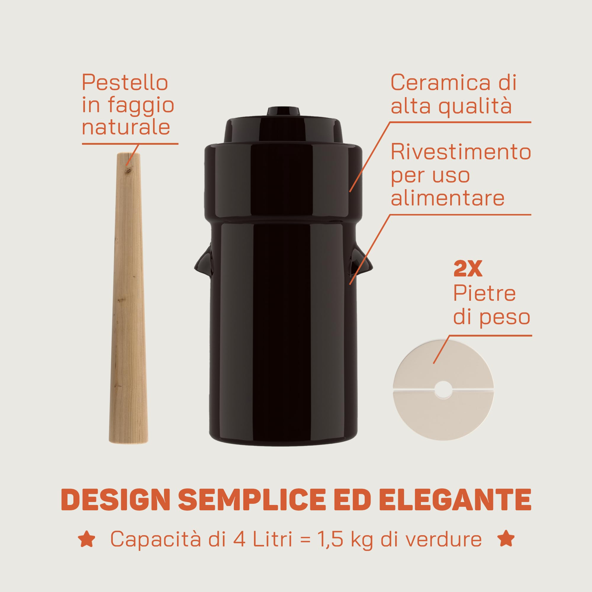 Kenley Barattolo per Fermentazione da 4 Litri - Vaso in Gres per Fermentare o Mettere in Salamoia Kimchi, Crauti, Sottaceti, Verdure, Kombucha - Fermentatore in Ceramica con Pesi, Coperchio e Pestello