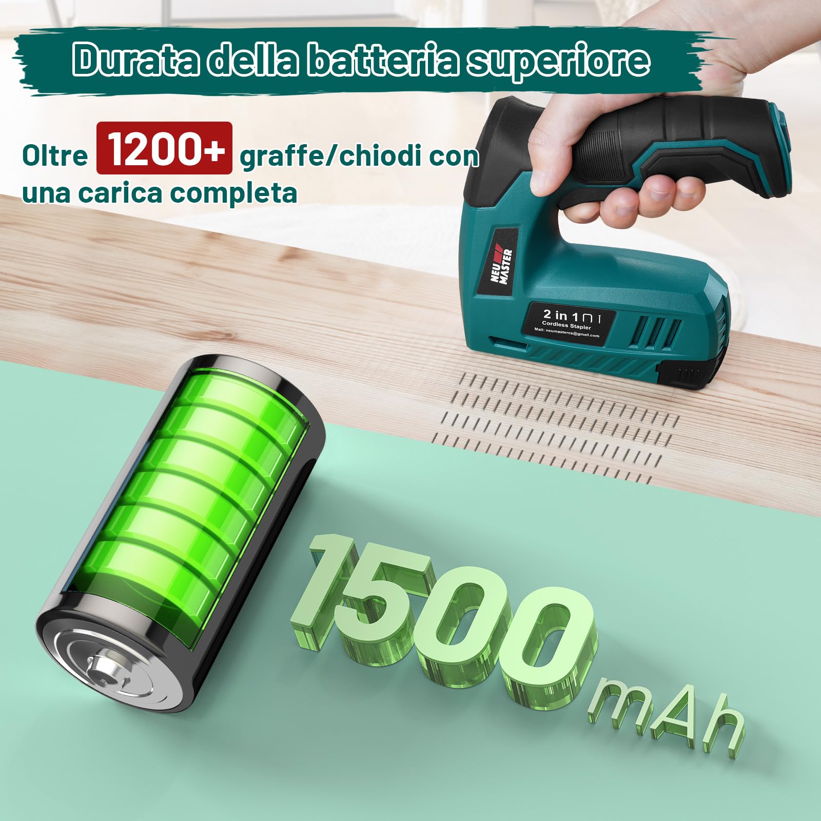 NEU MASTER Sparachiodi a Batteria, 2-in-1 4V Sparachiodi Elettrico con Ricarica Usb, Include 1000 Graffette & 1000 Chiodi, Ideale per Lavori Artigianali, Fai da Te e Tappezzeria