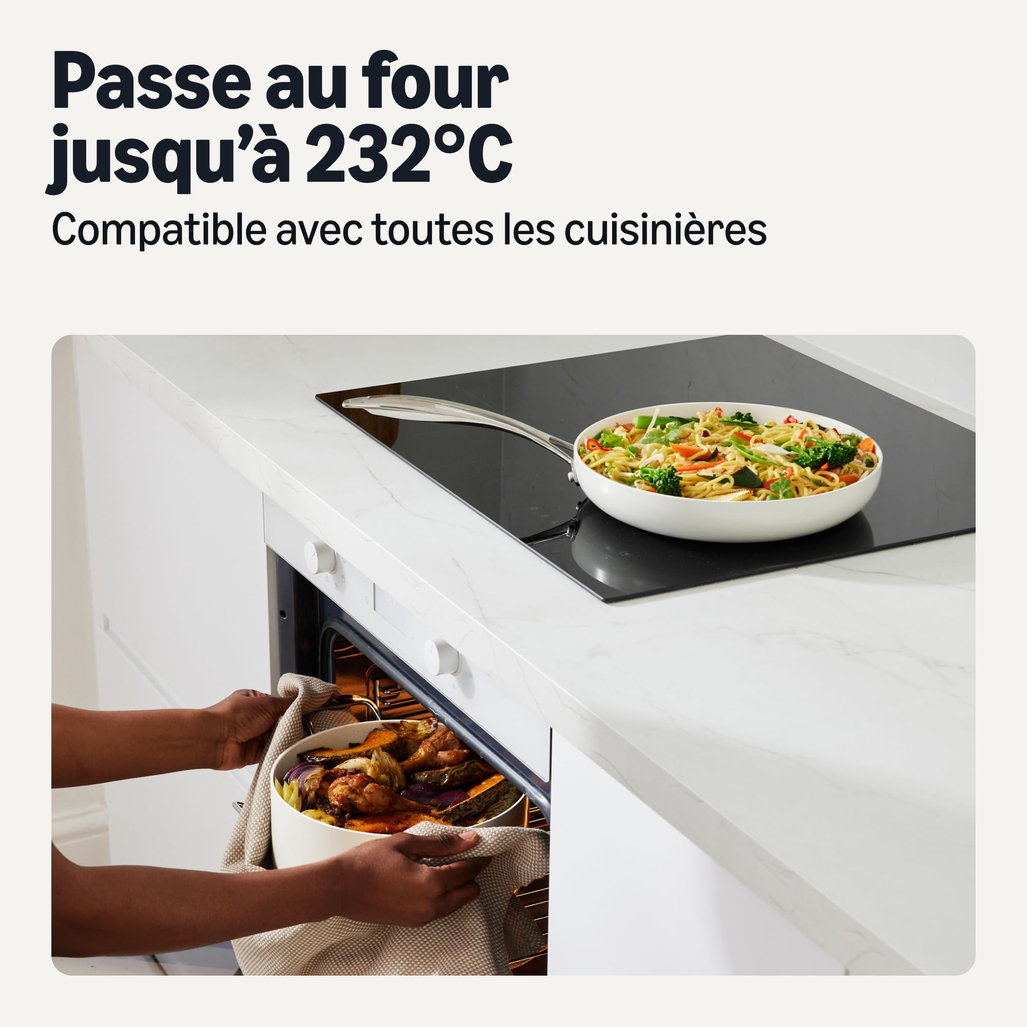 Amazon Basics Lot de 8 Casseroles et Poêles Antiadhésives en Céramique, Compatible Lave-Vaisselle et Four, Compatible Tous Feux, Couleur Ivoire