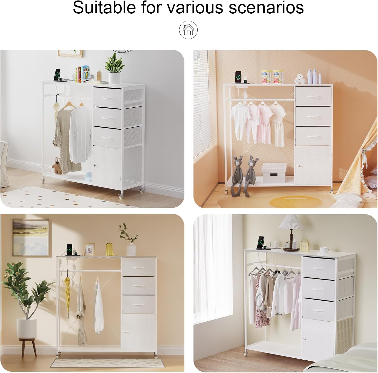 ITEFDTUTNE Dresser for Bedroom, Dresser with Clothes Rack Led Lights and Charging Station, White Bedroom Dresser with 3 PU Finish Drawers Storage Cabinet, for Living Room, White, W00802