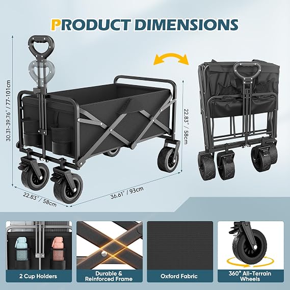 Handcart Foldable 100 L, 600D Oxford Fabric, Garden Trolley on Wheels, Adjustable Handle, Foldable Hand Trolley, for Camping, Outdoor, Picnic, Beach, Foldable Trolley