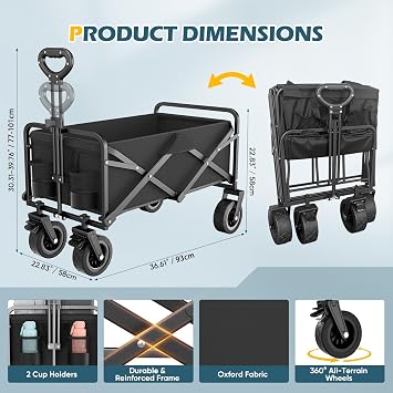 Handcart Foldable 100 L, 600D Oxford Fabric, Garden Trolley on Wheels, Adjustable Handle, Foldable Hand Trolley, for Camping, Outdoor, Picnic, Beach, Foldable Trolley