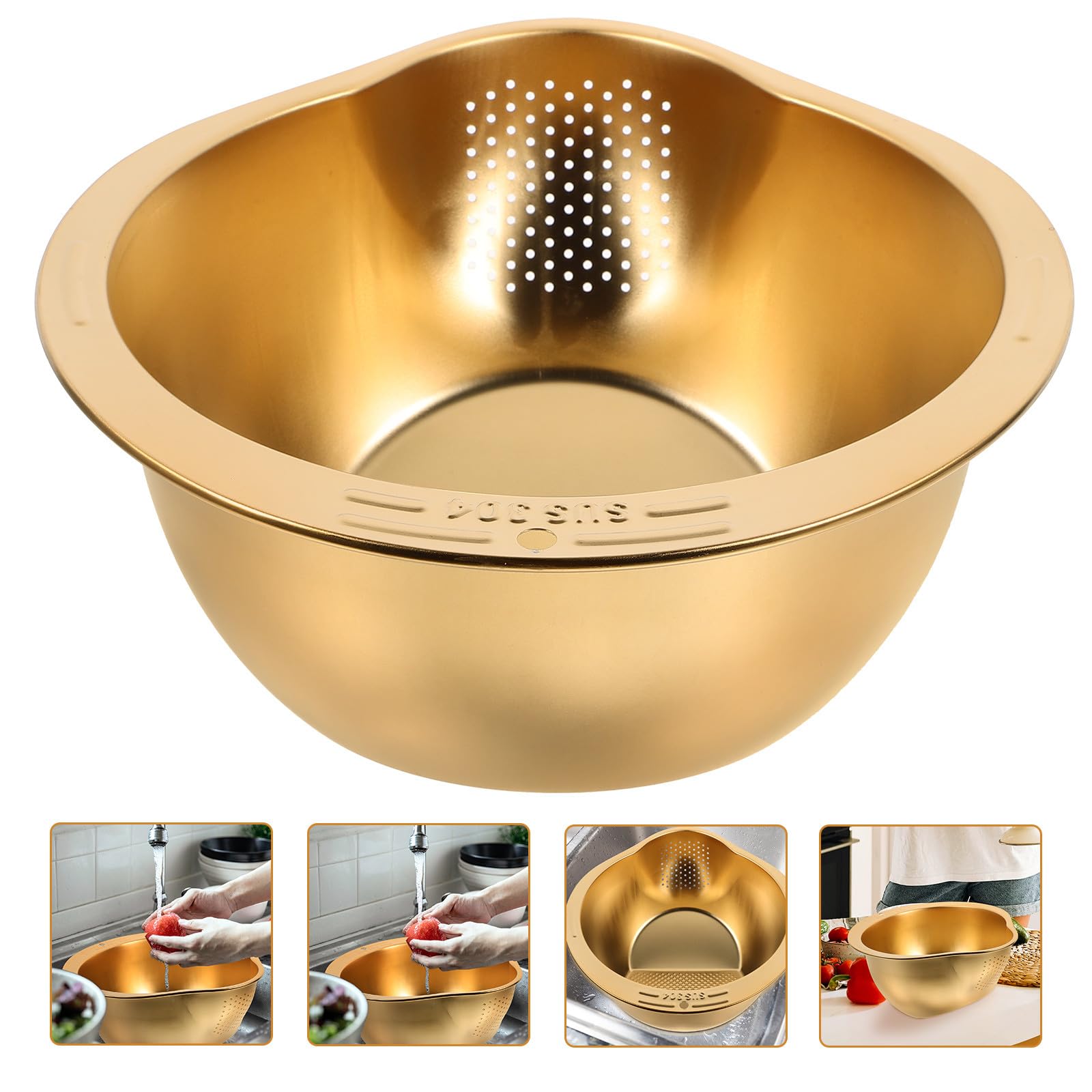 Cesta Dorado Lavado Inoxidable de Arroz de Acero para Cocina | Lavado de Verduras y Frutas, Filtrado Eficaz, Vertido Sencillo, Uso Diario en Cocina, Diseño Elegante