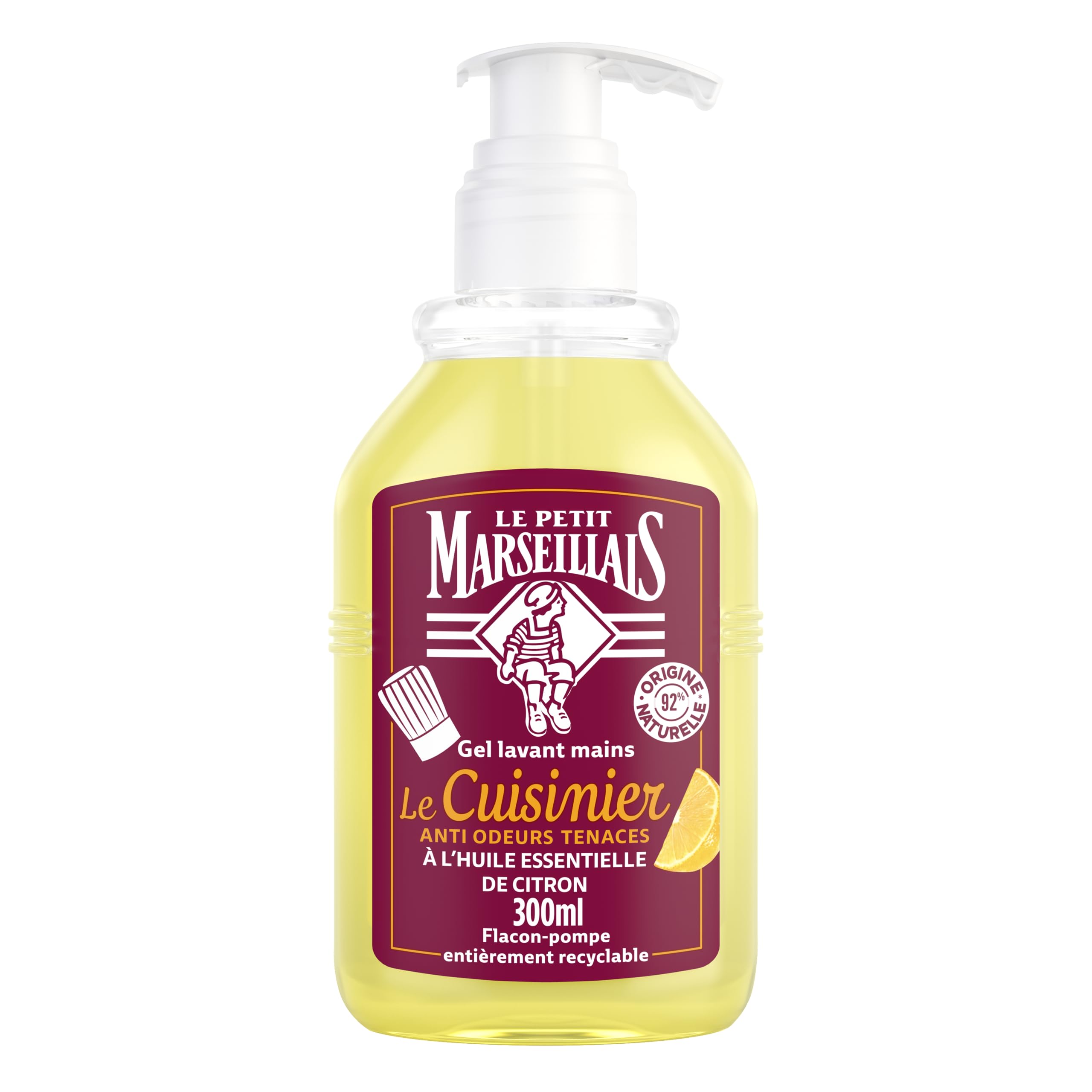 Le Petit Marseillais – Gel Lavant Mains Le Cuisinier (flacon-pompe de 300 ml) – Savon mains liquide anti odeurs tenaces à l'huile essentielle de citron – 92 % d'origine naturelle