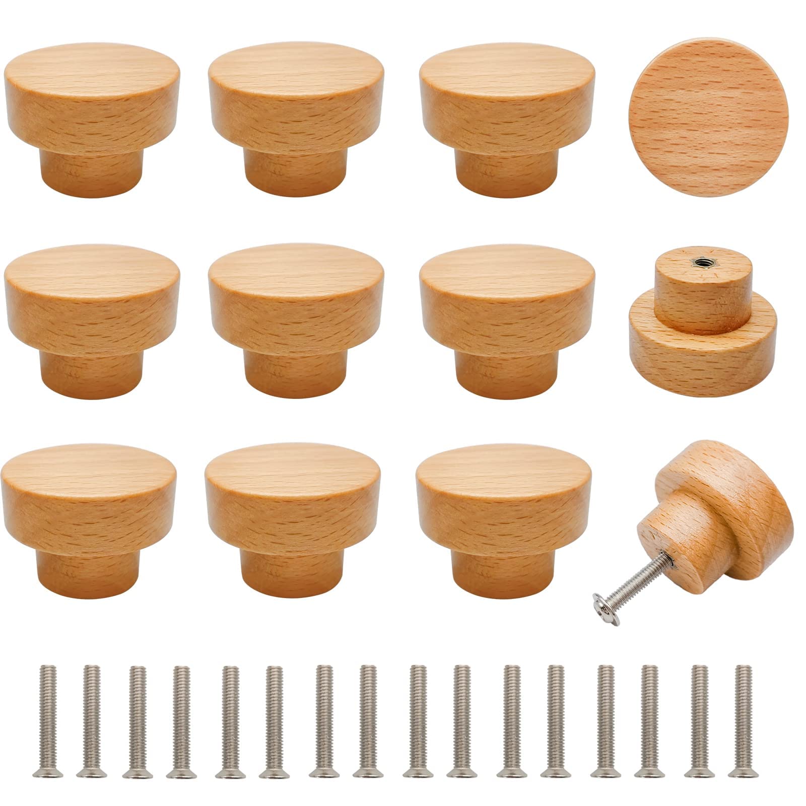 X spring Xspring Wooden Drawer Knobs, 12PCS Natural Beech Wooden Furniture Drawer Knobs Pulls Handles with Screws, Cabinet Pulls and Knobs for Furniture Knobs Cabinets Dresser Handles (35x30mm)