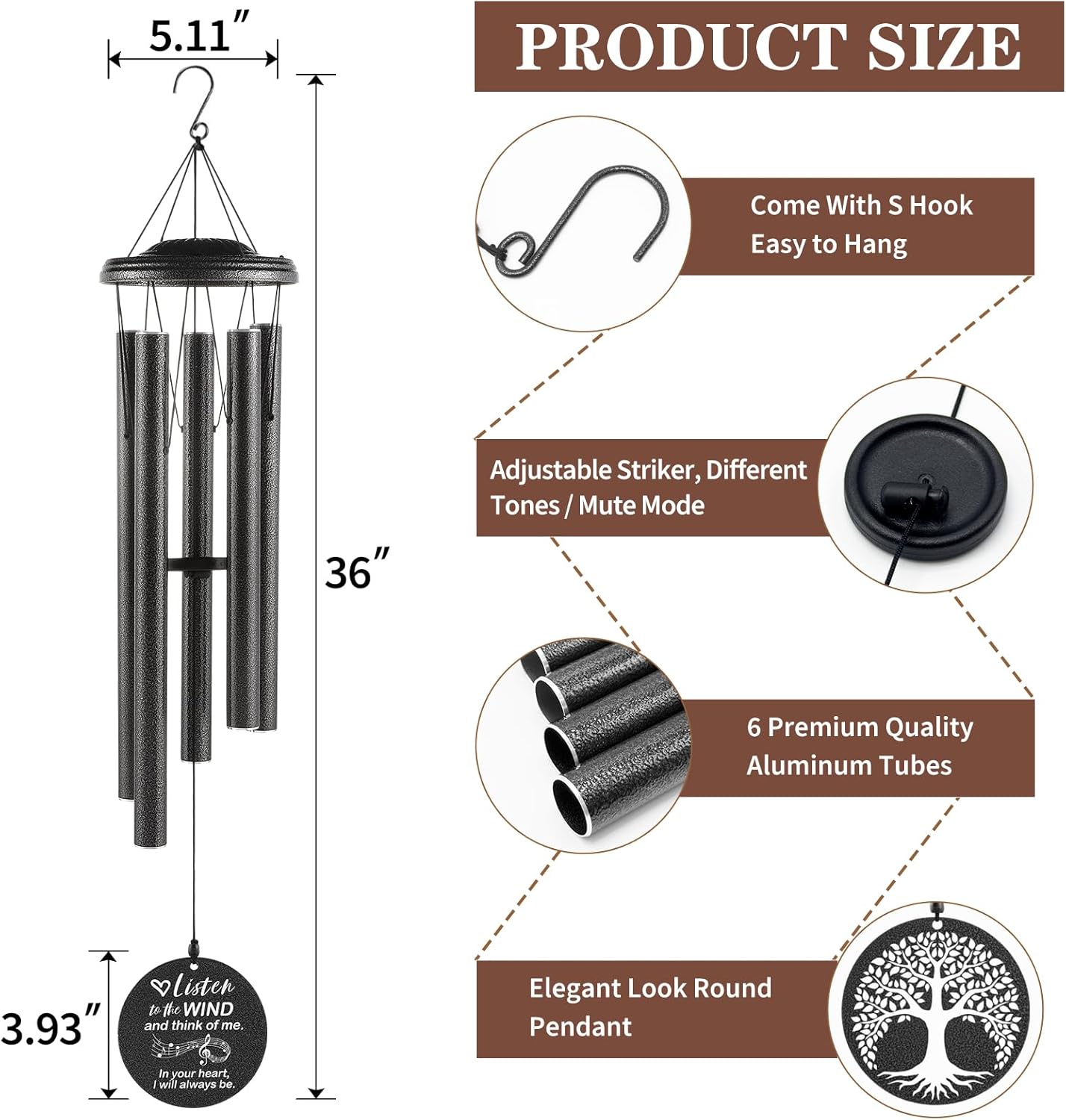 Sympathy Wind Chimes Loss Loved One, Memorial Gift for Loss of Mother Father Husband Condolence Remembrance, Best Sympathy Gift (Black, 36'')