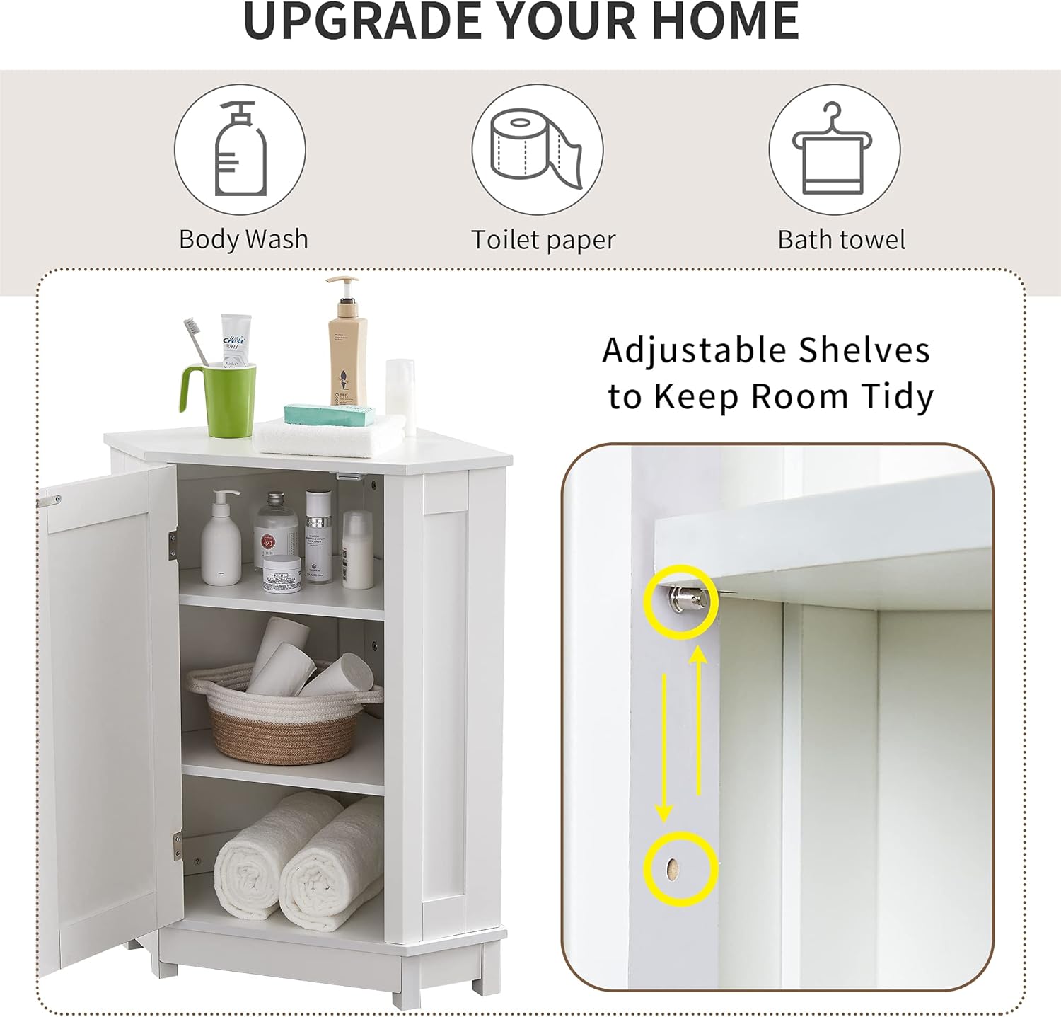 Corner Storage Cabinet with Door and Adjustable Shelf, Small Floor Cupboard Organizer for Kitchen, Living Room or Bathroom, White