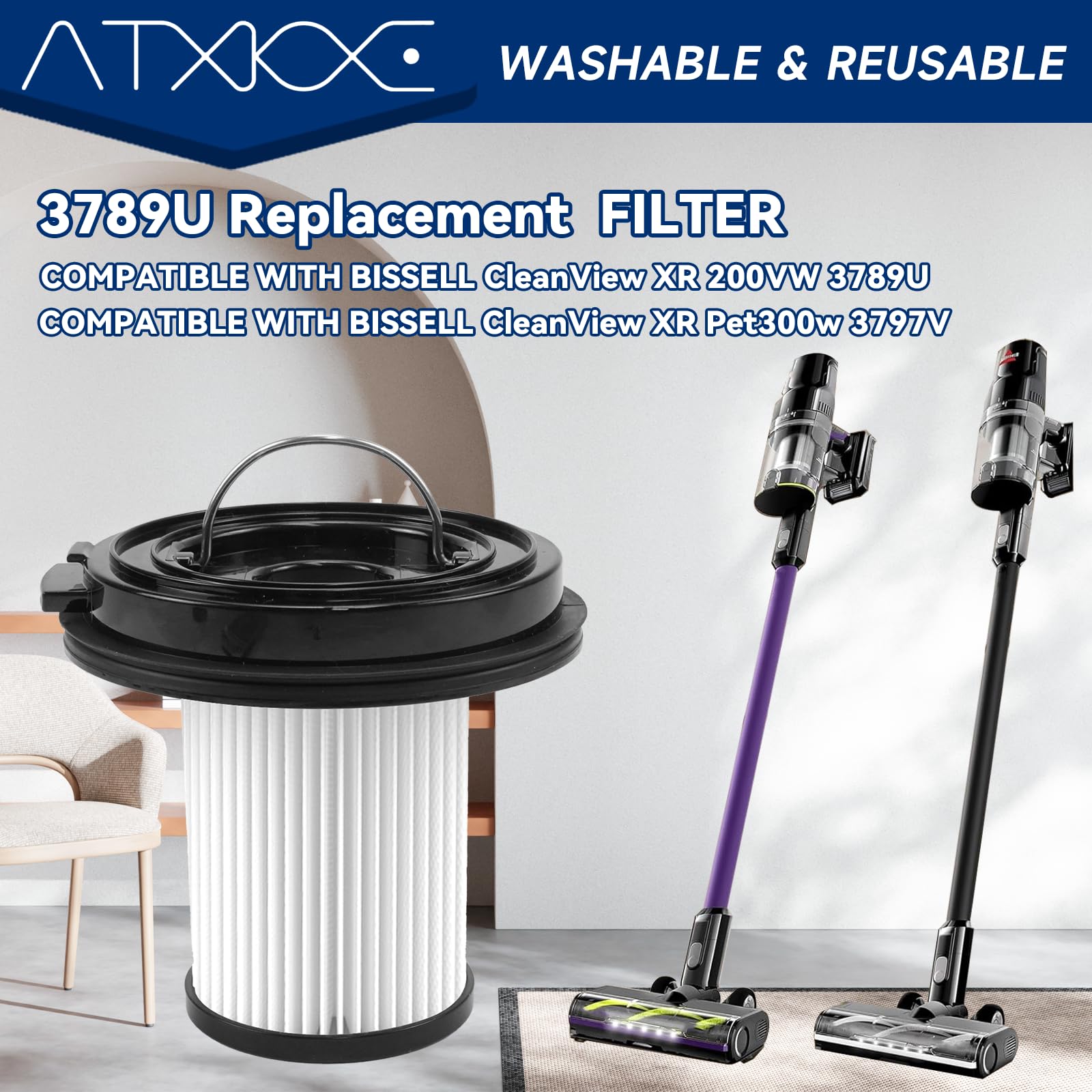 6Pack XR Filter Replacement for Bissell Cleanview XR 200W/ Cleanview XR Pet 300W Stick Cordless Vacuum Cleaner 3789U 3789X 3797V 3797W 3789 3797