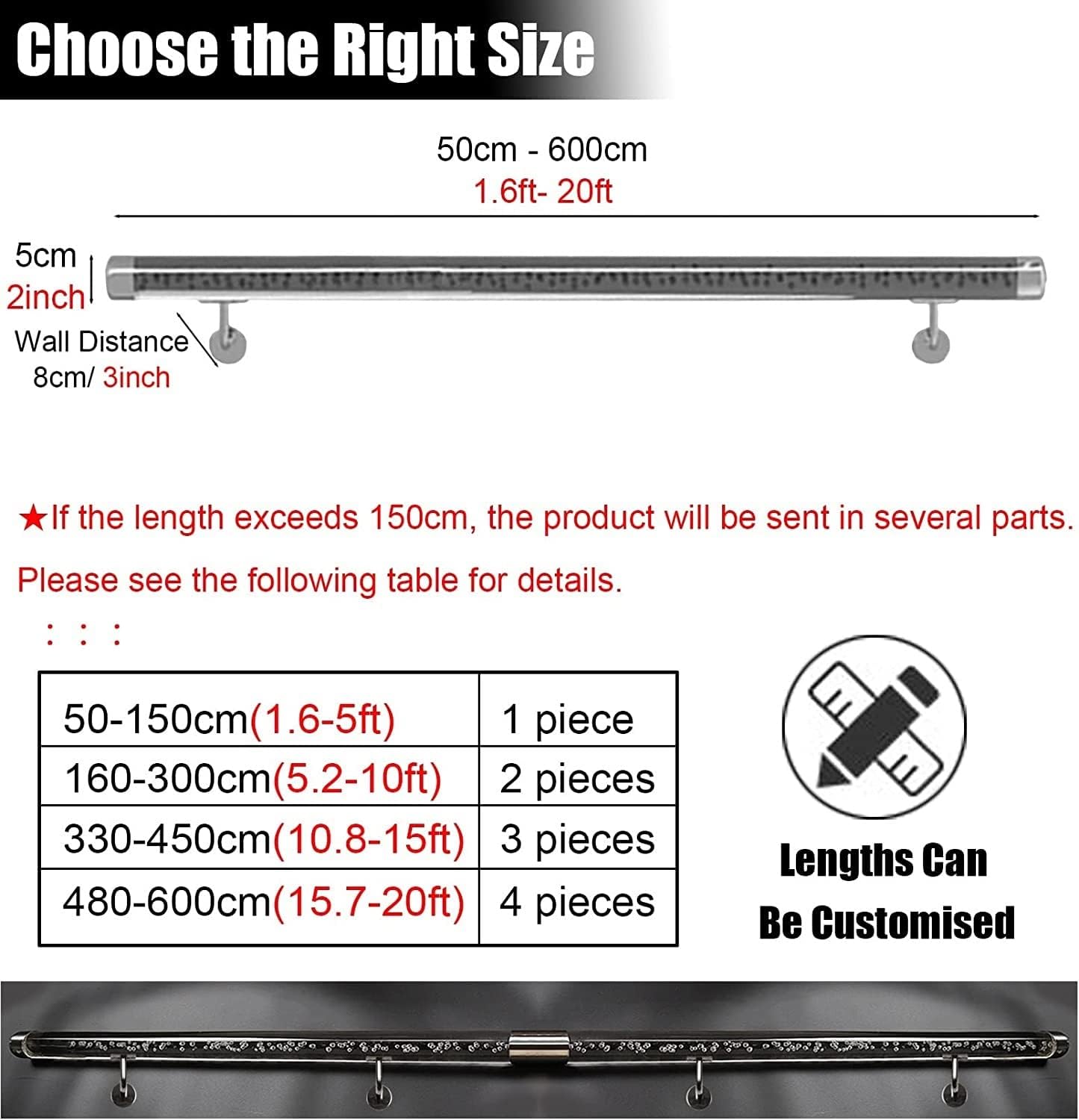 OZCULT バニスターレール 階段手すり 階段用クリアアクリル手すり、壁掛け手すり ゴールド/シルバーブラケット付き - 1-6m