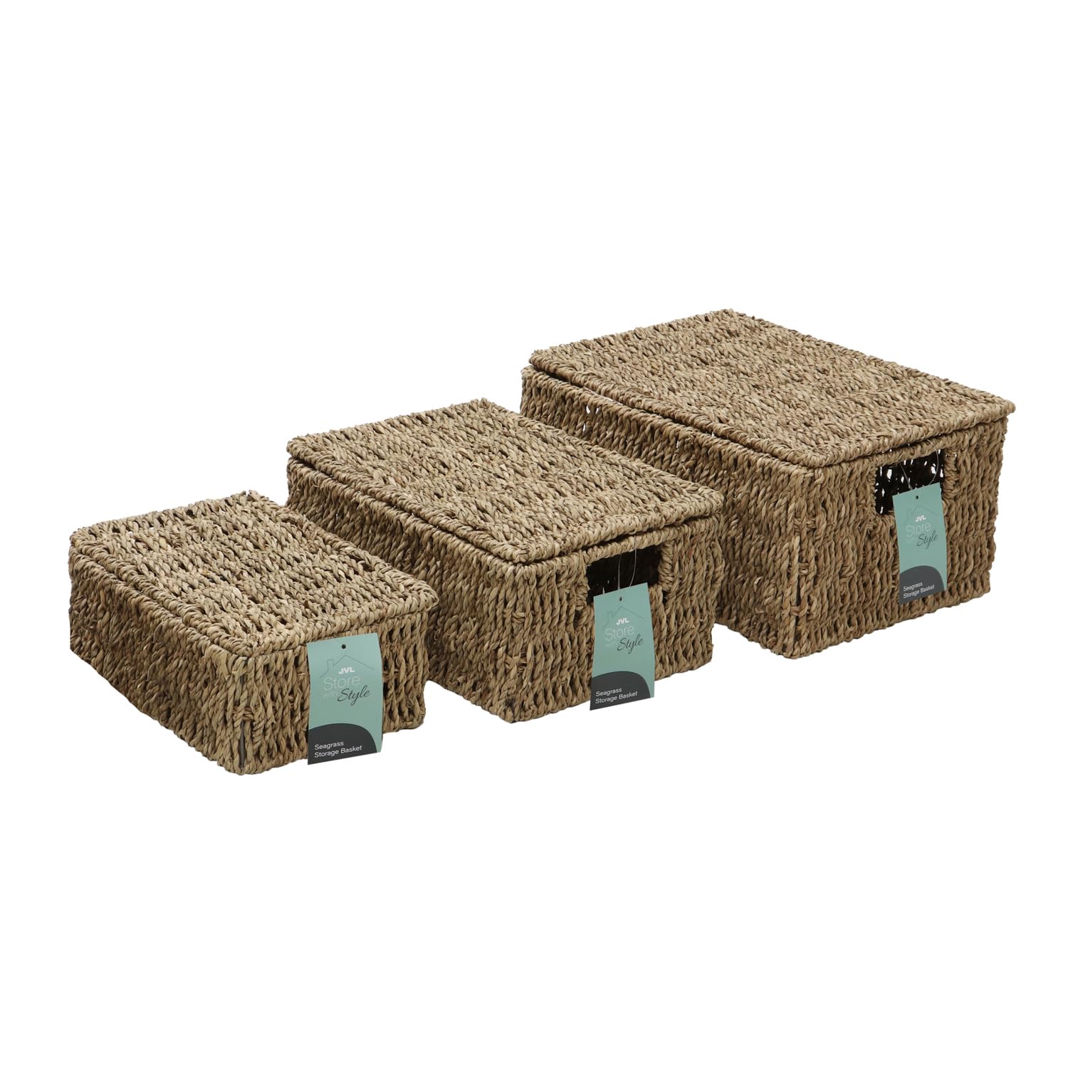 JVL Set of 3 Rectangular Seagrass Storage Baskets with Lids – Natural Woven Home Storage Organisers, Brown