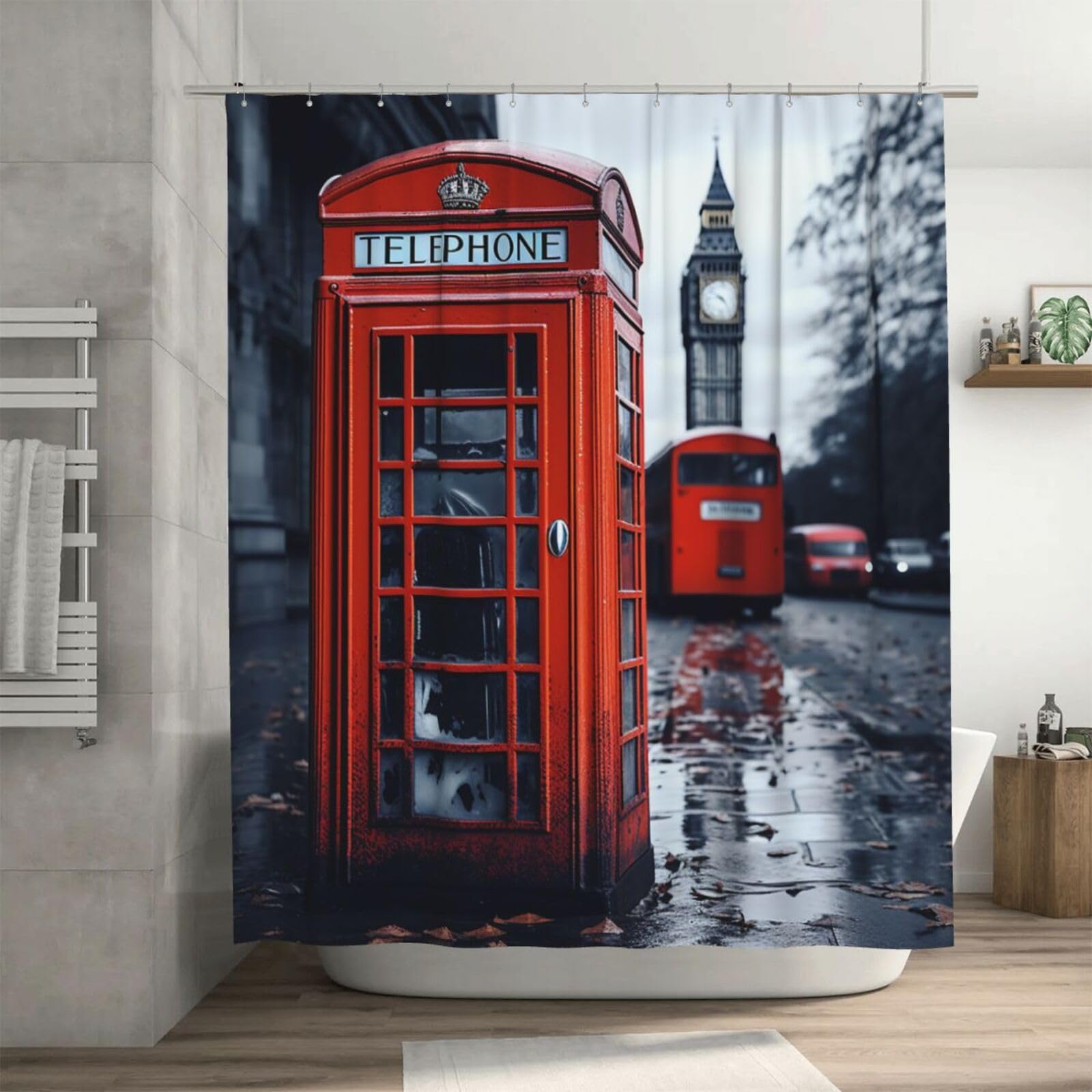 Rideau de douche Londres rétro imperméable 182x182 cm avec 12 crochets