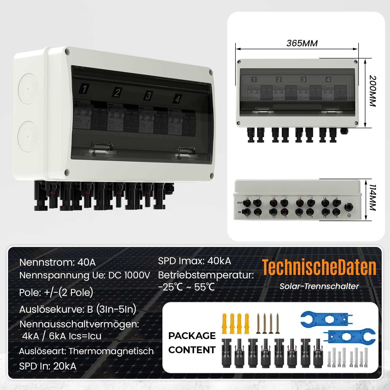 Überspannungsschutz PV DC1000V 4 String Solar Anschlusskasten, DC Trennschalter mit Blitzschutz & Leitungsschutzschalter 40A, IP65 Wasserdicht UV-Beständiger PV Combiner Box（4 in 4 out）
