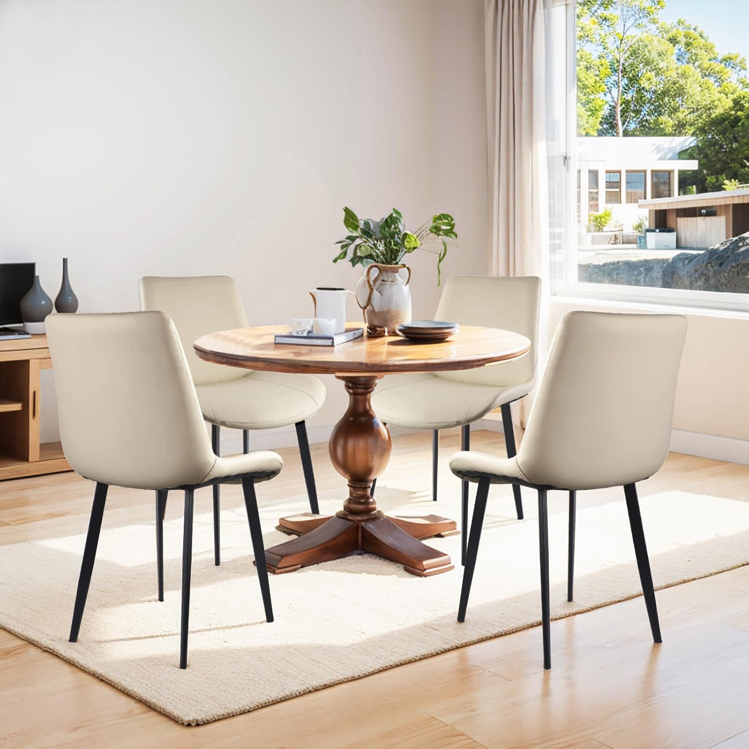 Condition photo showing New/Like New for Dining Chairs Set of 2, Faux Leather Upholstered Dining Room Chairs with Ergonomic Backrest & Metal Legs, Modern Kitchen Side Chairs for Home, Restaurant, and Café, Cream Beige