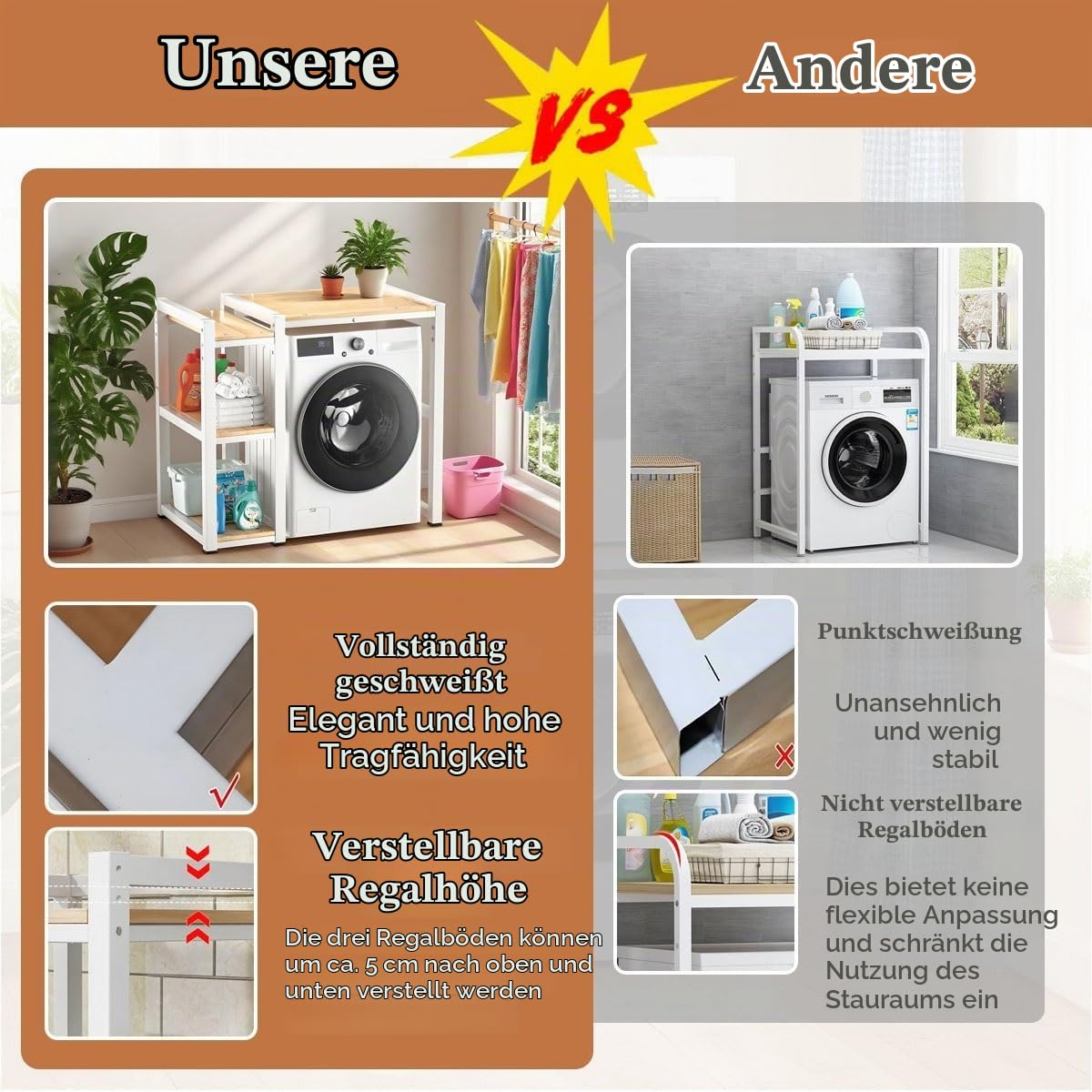Waschmaschinenregal für Trockner mit Seitlichem Ablagefach, Regal über Waschmaschine, Höhenverstellbar, Waschmaschinenschrank mit Trockner für Badezimmer, Küche & Waschküche(White)