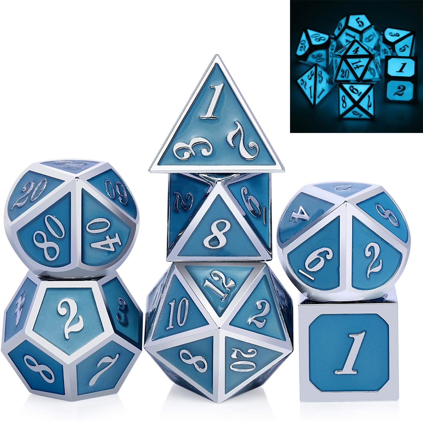Glowing DND Metal Dice Set,Luminous Blue Metal Dice for Role Playing Game Dungeons and Dragons RPGs and Other Table Games
