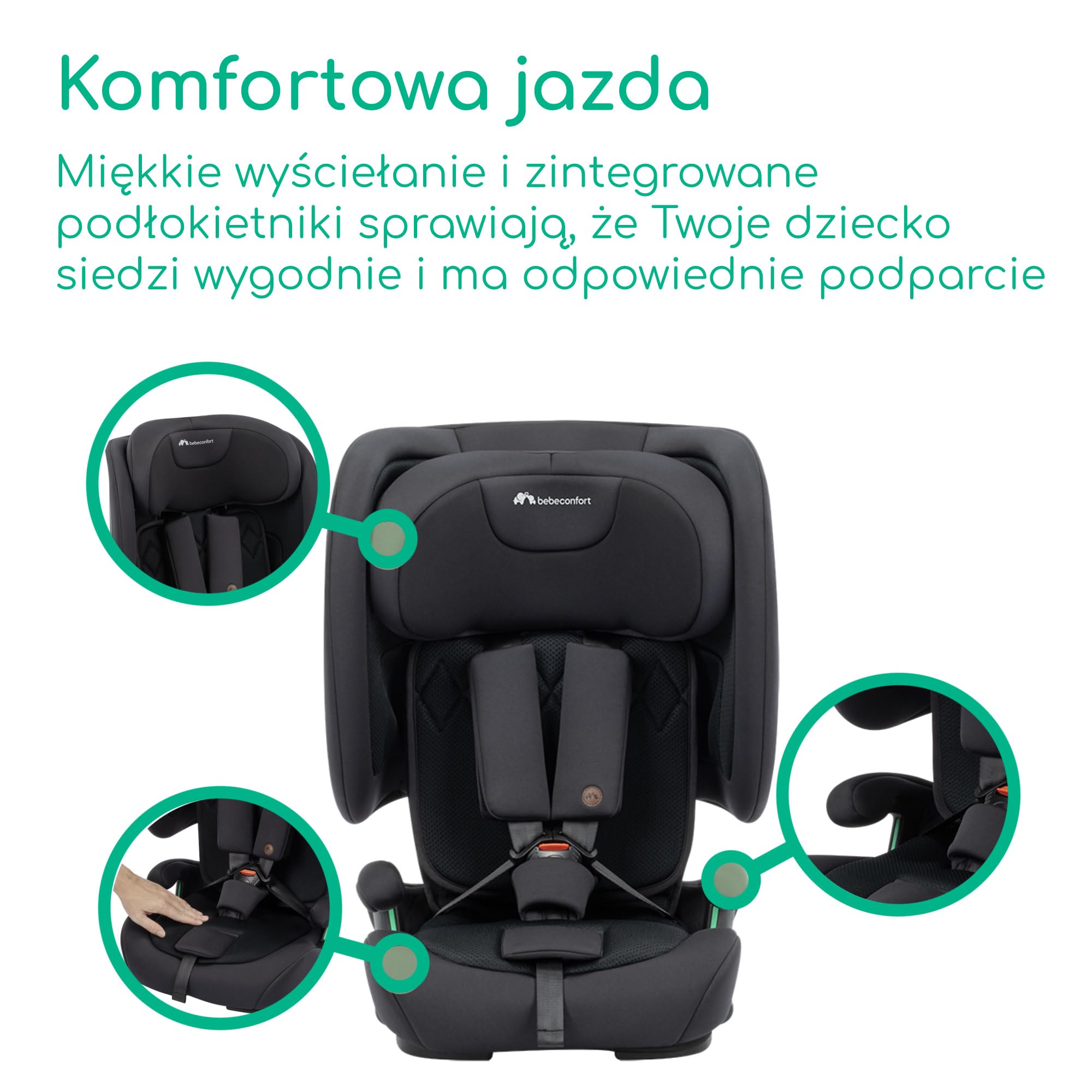 Bebeconfort Ever & Go i-Size, Ewolucyjny Fotelik Samochodowy, 15 Miesięcy - 12 Lat, 76-150 cm, Podróżny Fotelik Samochodowy ISOFIX, Kompaktowy i Lekki (6 kg), 15 Pozycji Zagłówka, Full Black