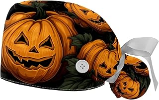 Halloween Pumpkin 2 Pieces Unisex Working Caps with Buttons Adjustable Bouffant Hats Tie Back Caps