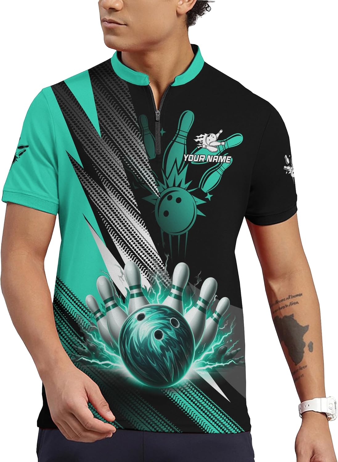 Bowling Zipper T Shirt with Custom Name Print Purple Bowling Themed and Thunder Pattern Zip Up Jersey for Bowling Lover
