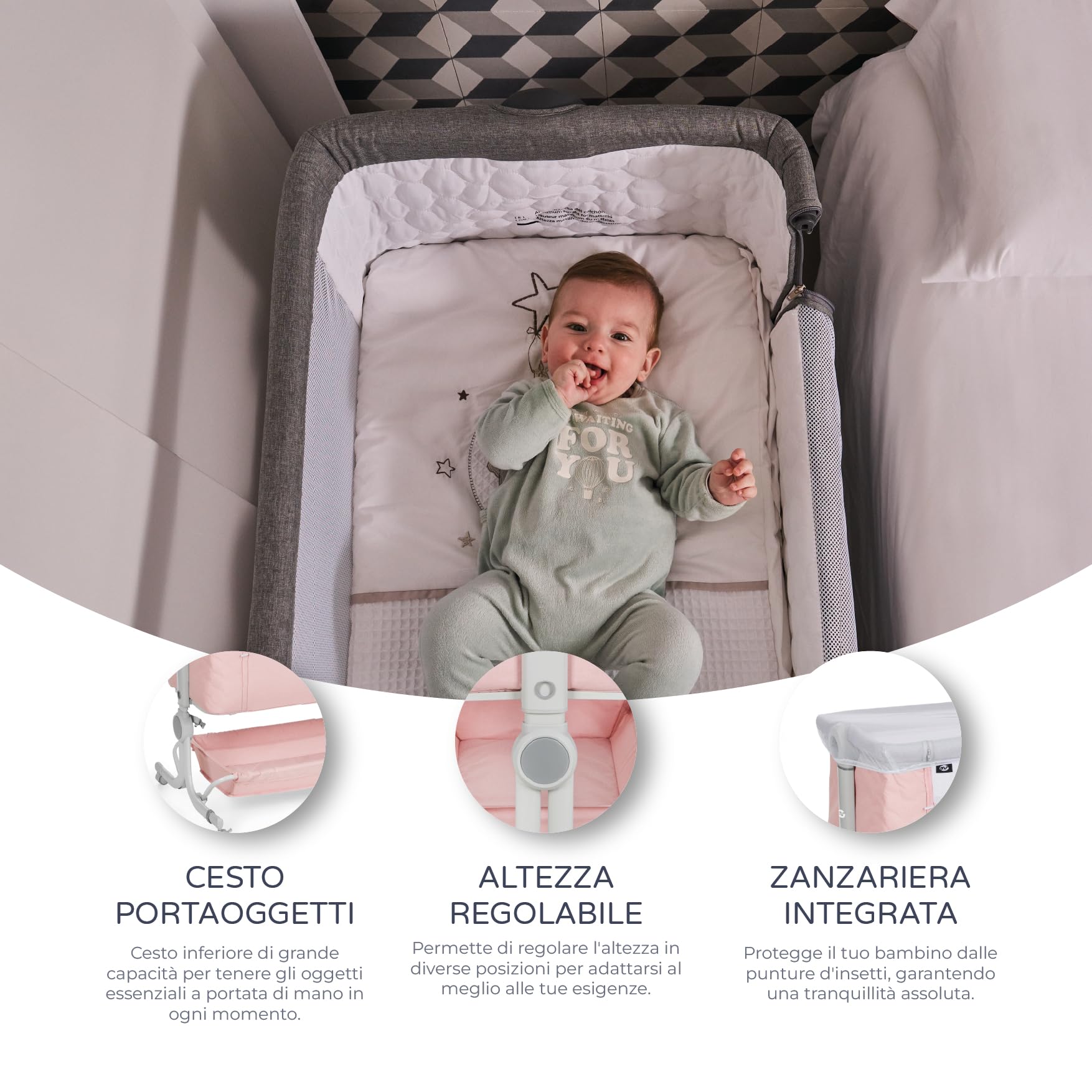 ms BabyWorld Co-sleeping Lettino Comfy - Lettino Co-sleeping Multi-altezza regolabile, reclinabile - Materasso incluso e include zanzariera di serie (Rosa)