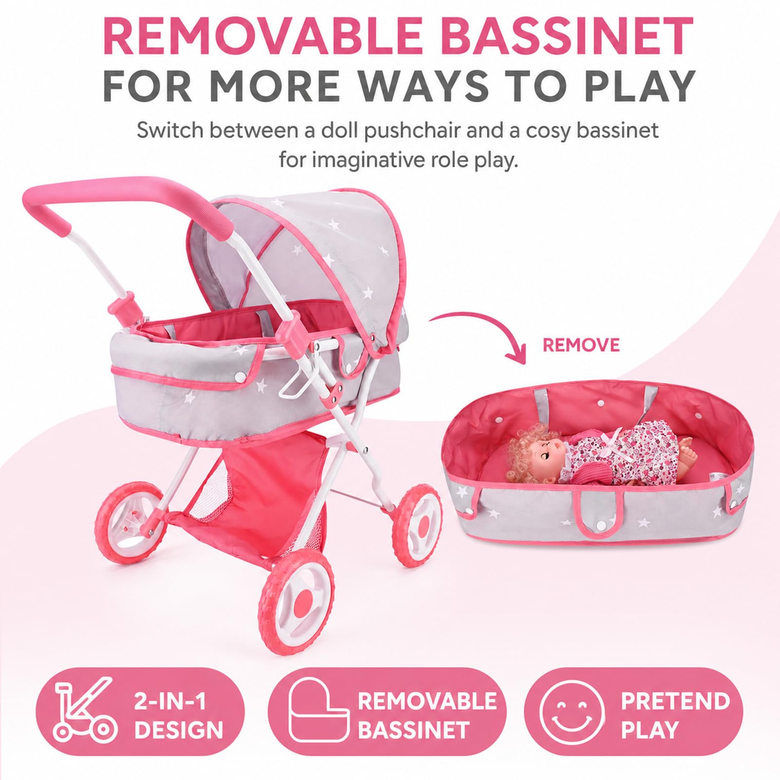 Bebamour Set passeggino 2 in 1 con culla rimovibile e giocattoli per bambini piccoli (grigio)