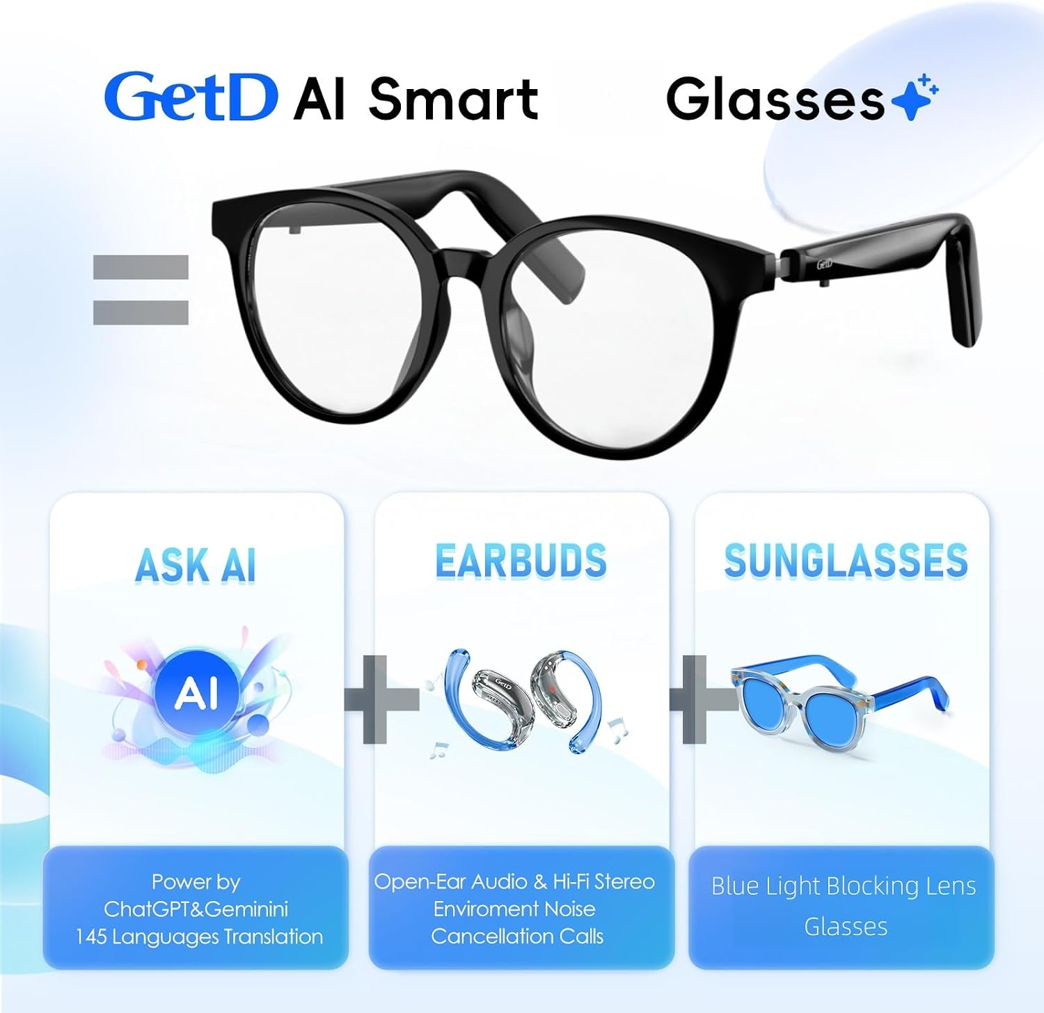 GetD AI Glasses for Men & Women, Smart Glasses Powered by ChatGPT with 74-Language Translation, Bluetooth 5.4 Glasses,Blue Light Filtering,11H Music Play for Driving, Travel, Business Daily Use