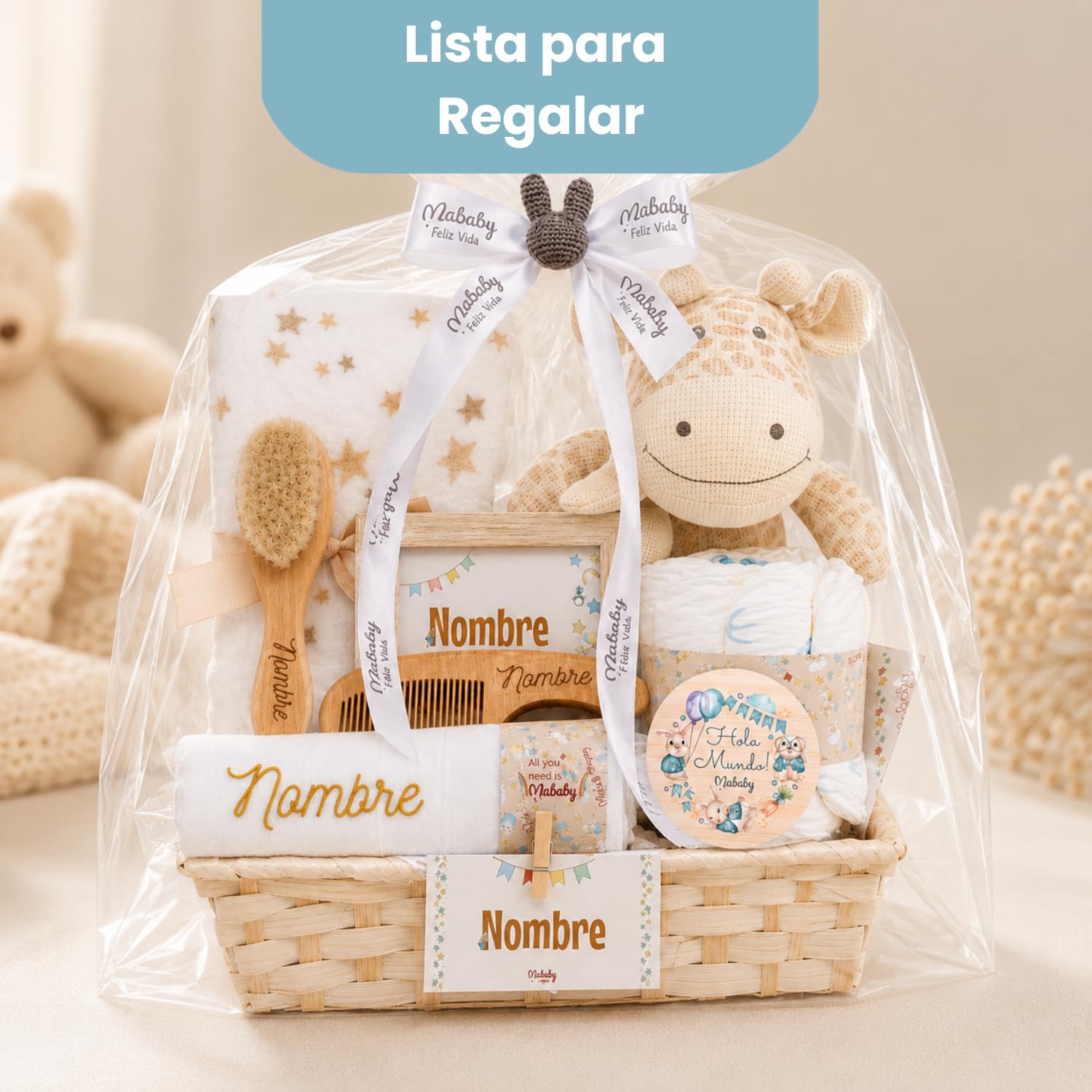 Cesta Bebé Personalizada Mi Jirafa, Regalo Recién Nacido con Manta Coralina, Peluche Jirafa, Cepillo y Peine Personalizados y Gasa Bordada